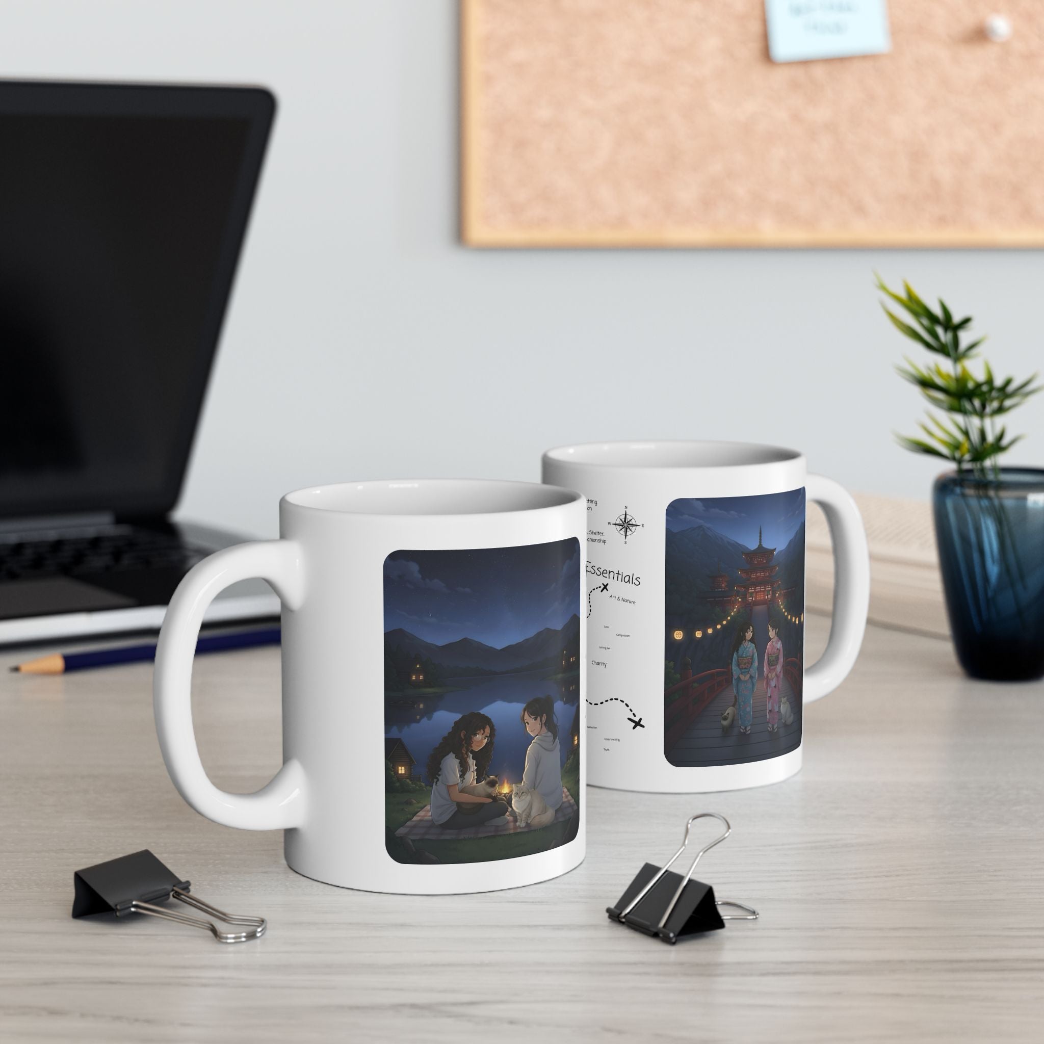 Kawaii Cat Lovers Transcending Time White Ceramic Mug — True Anime Best Friends in Japan Cup (11oz/15oz)