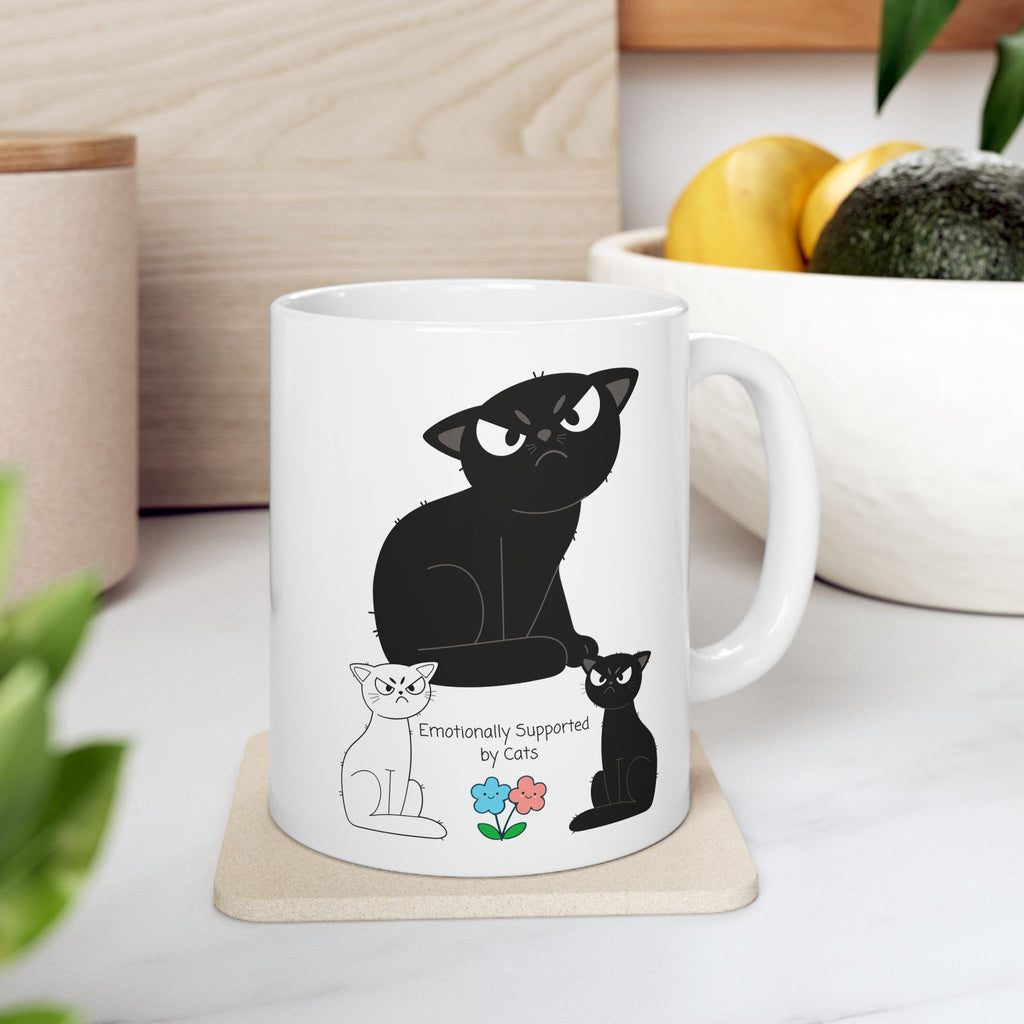 Emotionally Supported by Cats White Ceramic Mug – Cute Black & White Sassy Kitties Tea Cup (11oz & 15oz)