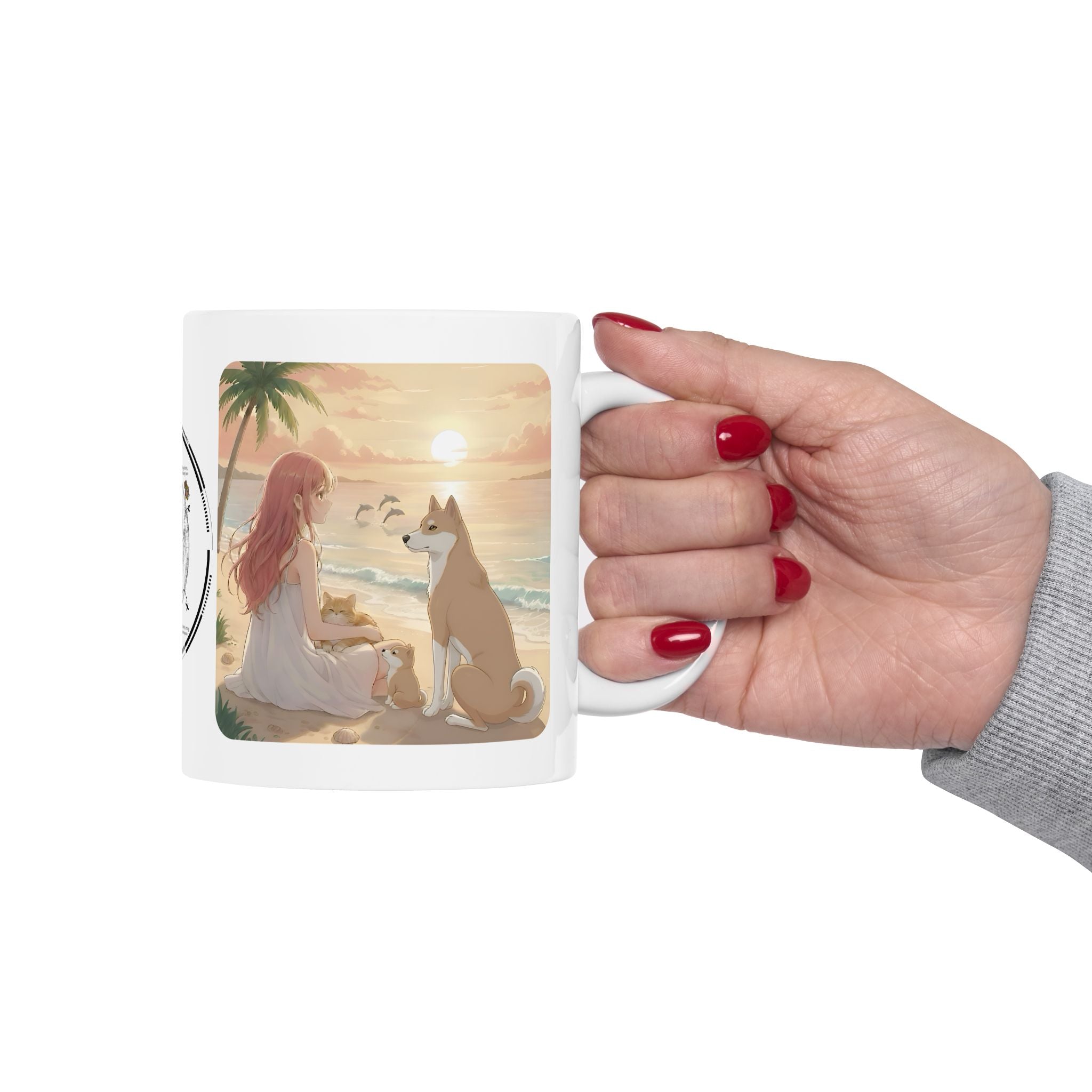 Shiba Inu Dog Orange Cat Sunset & Sunflower White Ceramic Mug — Peaceful Waves Anime Girl Boho Beach Vibes Cup (11oz, 15oz)