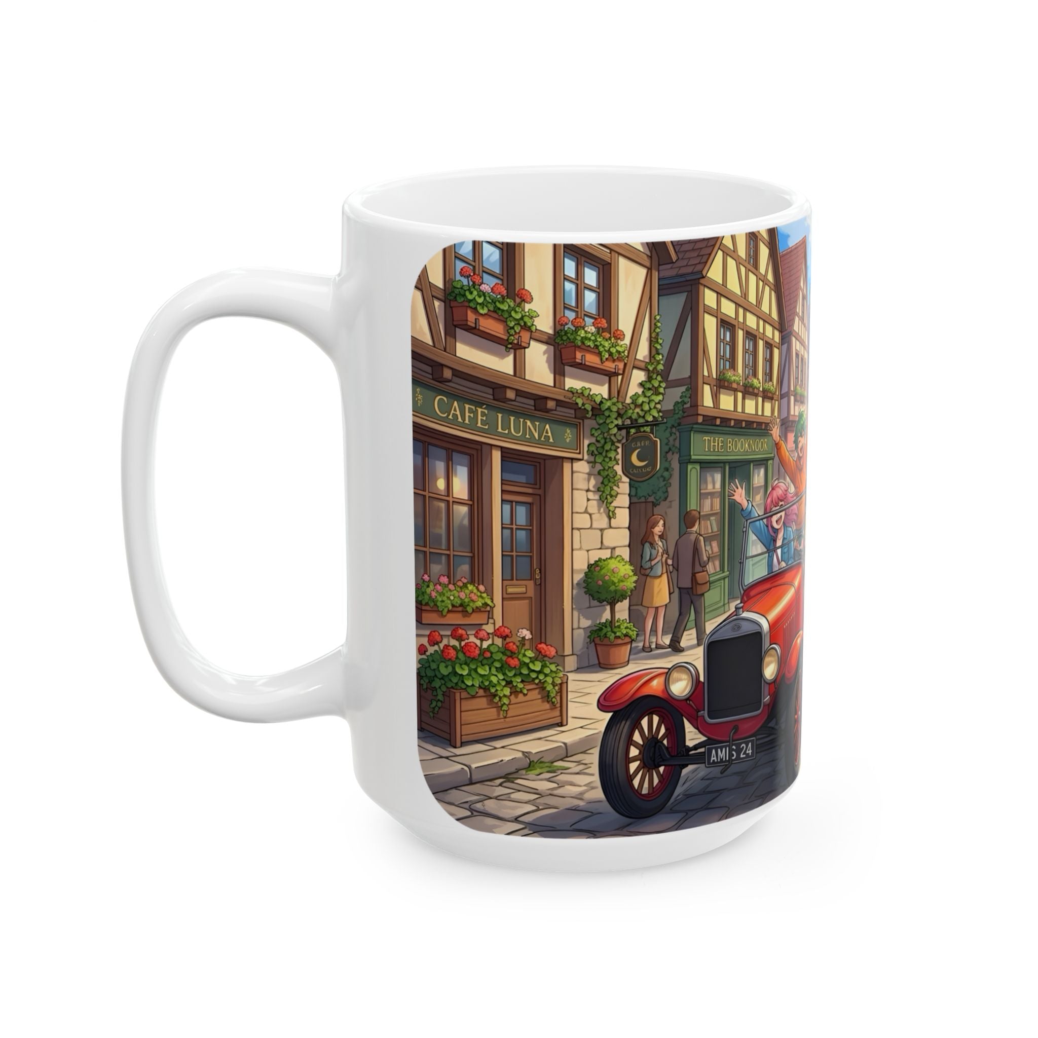 Vintage Village Roadtrip #2 White Ceramic Mug — Classic Cars & Happy Town Friends Cup (11oz, 15oz)