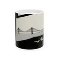 City Bridge Silhouette Scenic White Ceramic Mug – Waterfront Battleship View Cup (11 oz, 15 oz)
