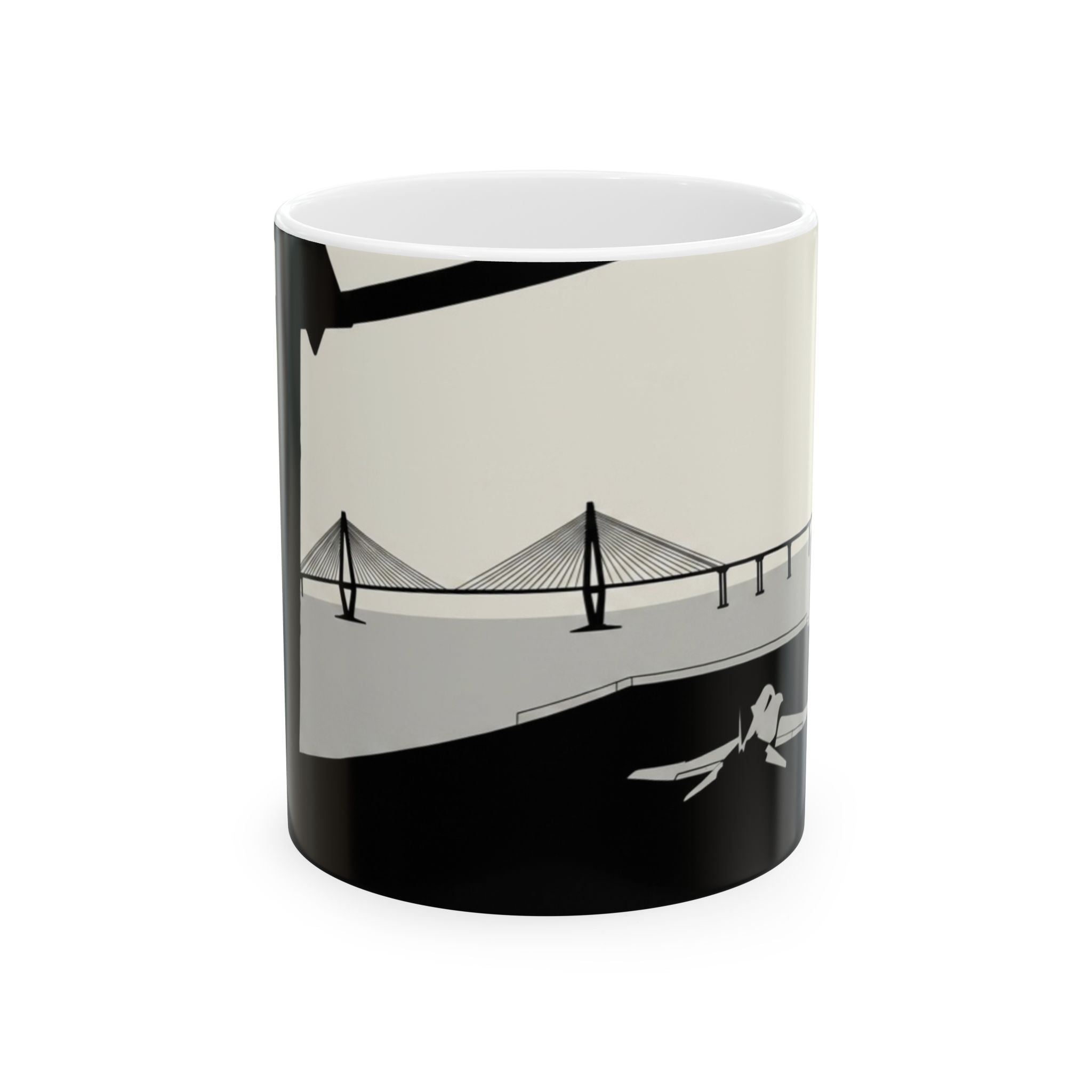 City Bridge Silhouette Scenic White Ceramic Mug – Waterfront Battleship View Cup (11 oz, 15 oz)