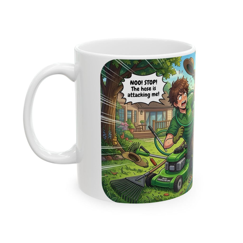 Funny Sunny Lawn Care White Ceramic Mug — Garden Hose Backyard Mishap Cup (11oz/15oz)