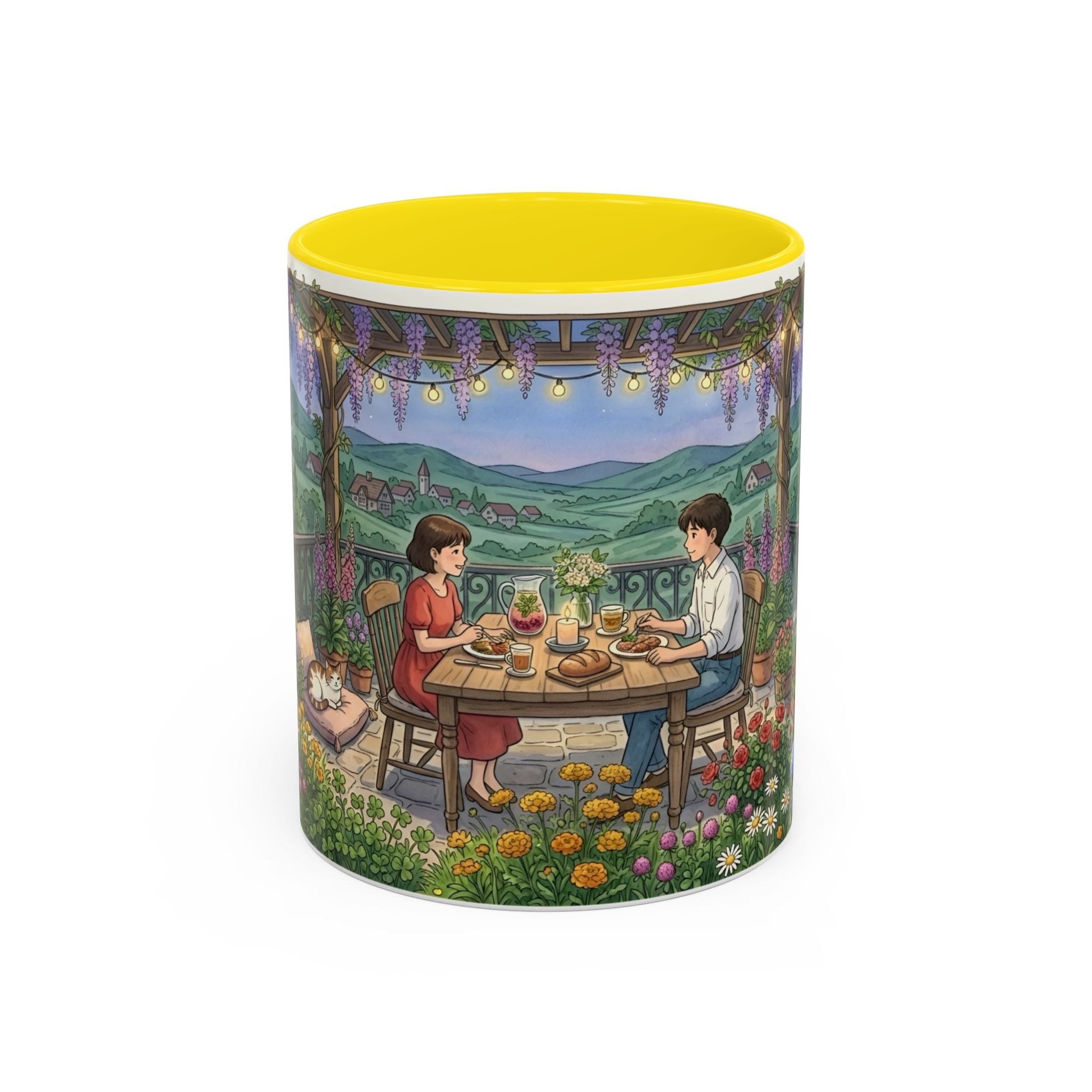 Cozy Romantic Garden Dinner Ceramic Mug — Couples Outdoor Bistro Cup (11 oz, 15 oz)