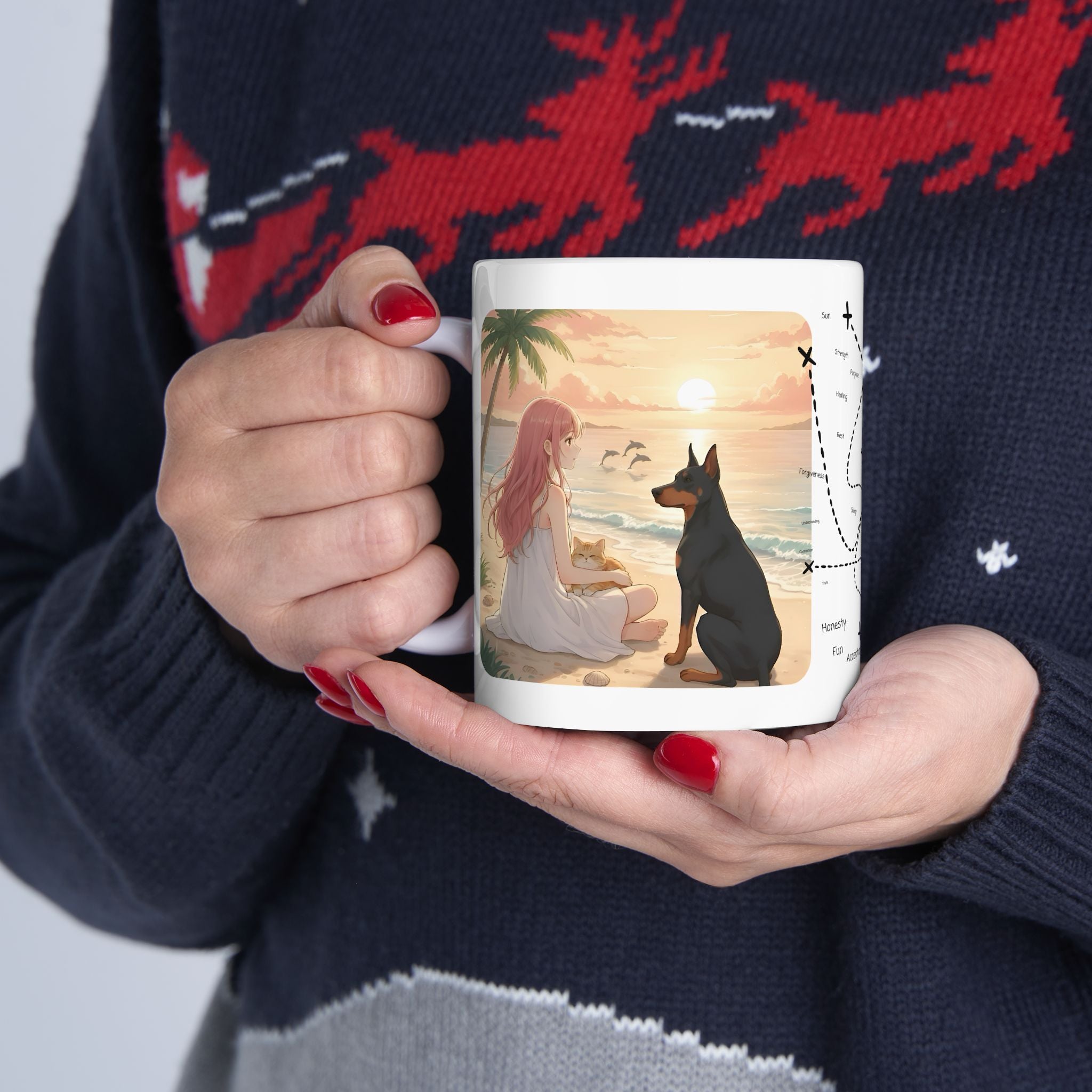 Doberman, Chihuahua & Orange Cat Coastal Vibe White Ceramic Mug, Cozy Sunset Beach Anime Girl Cup (11oz, 15oz)