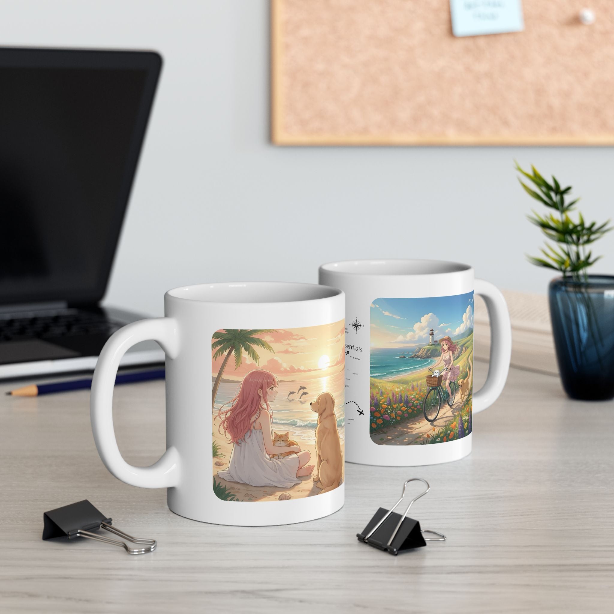 Faithful Friends, Golden Retriever, Orange & White Cats White Ceramic Mug — Calm Lighthouse Reflections Anime Girl Boho Beach Vibes Cup (11oz, 15oz)