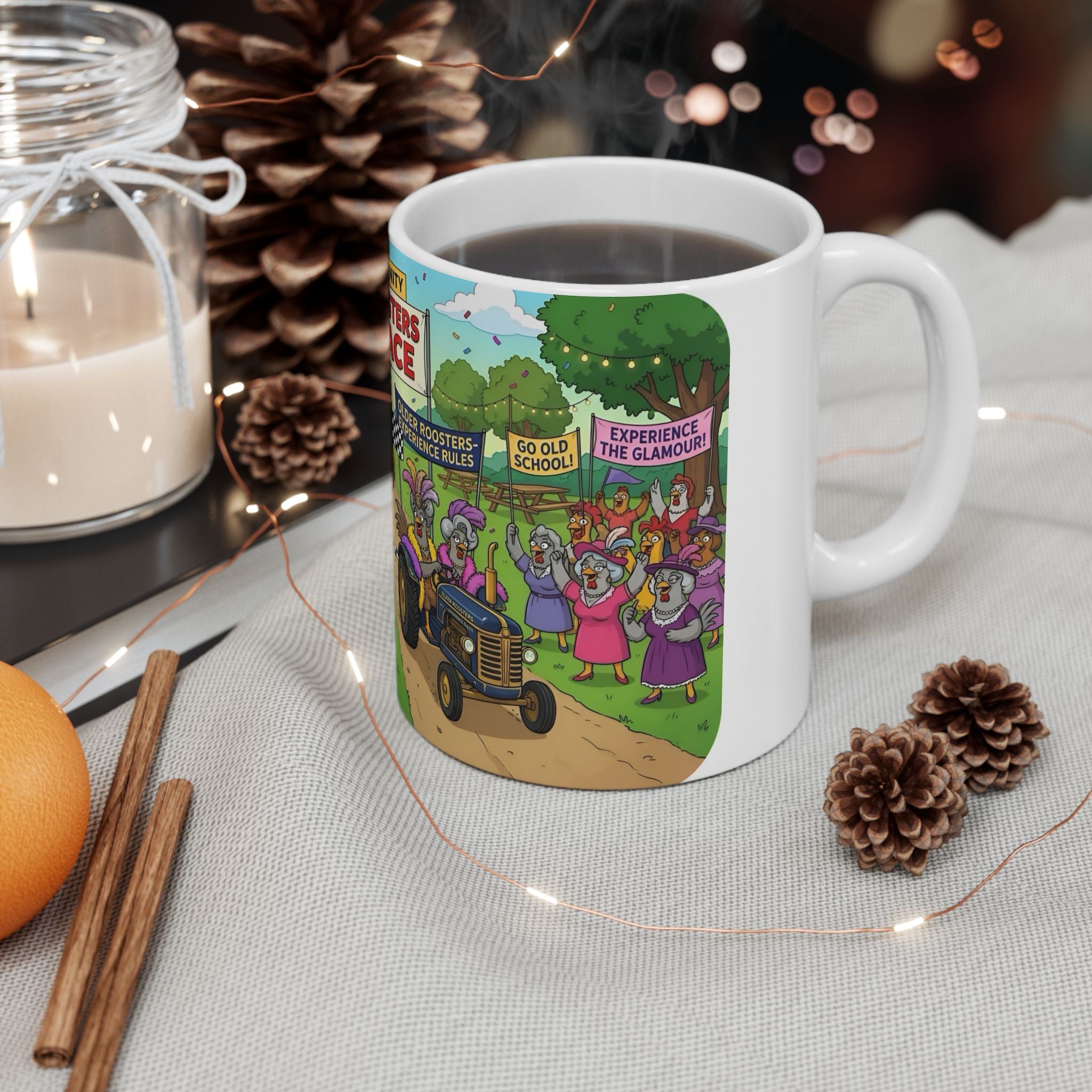 Hens & Roosters Drag Race White Ceramic Mug — Funny Farm Fraternity Racing Tea Cup (11oz/15oz)
