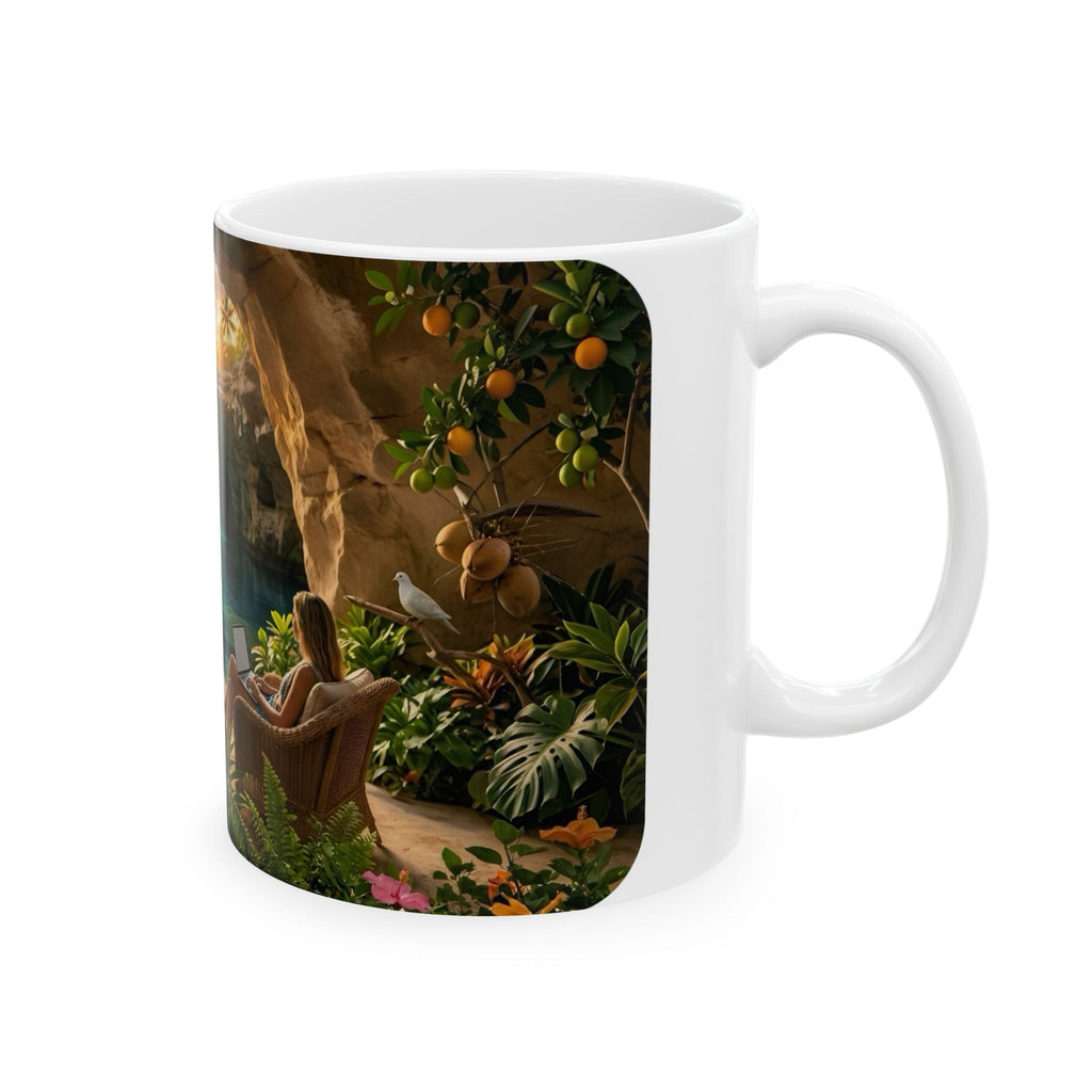 Tropical Cave Paradise White Ceramic Mug,  Relaxing Escape Cup (11 oz, 15 oz)