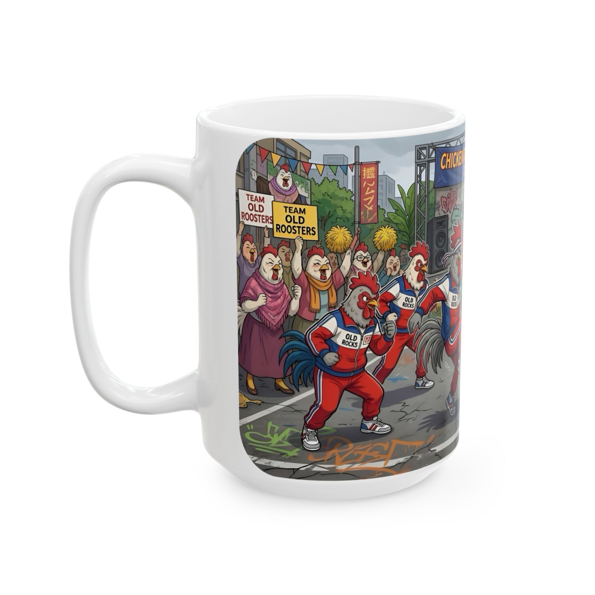 Chicken Dance Battle White Ceramic Mug (11oz, 15oz) — Funny Rooster Street Dance Cup