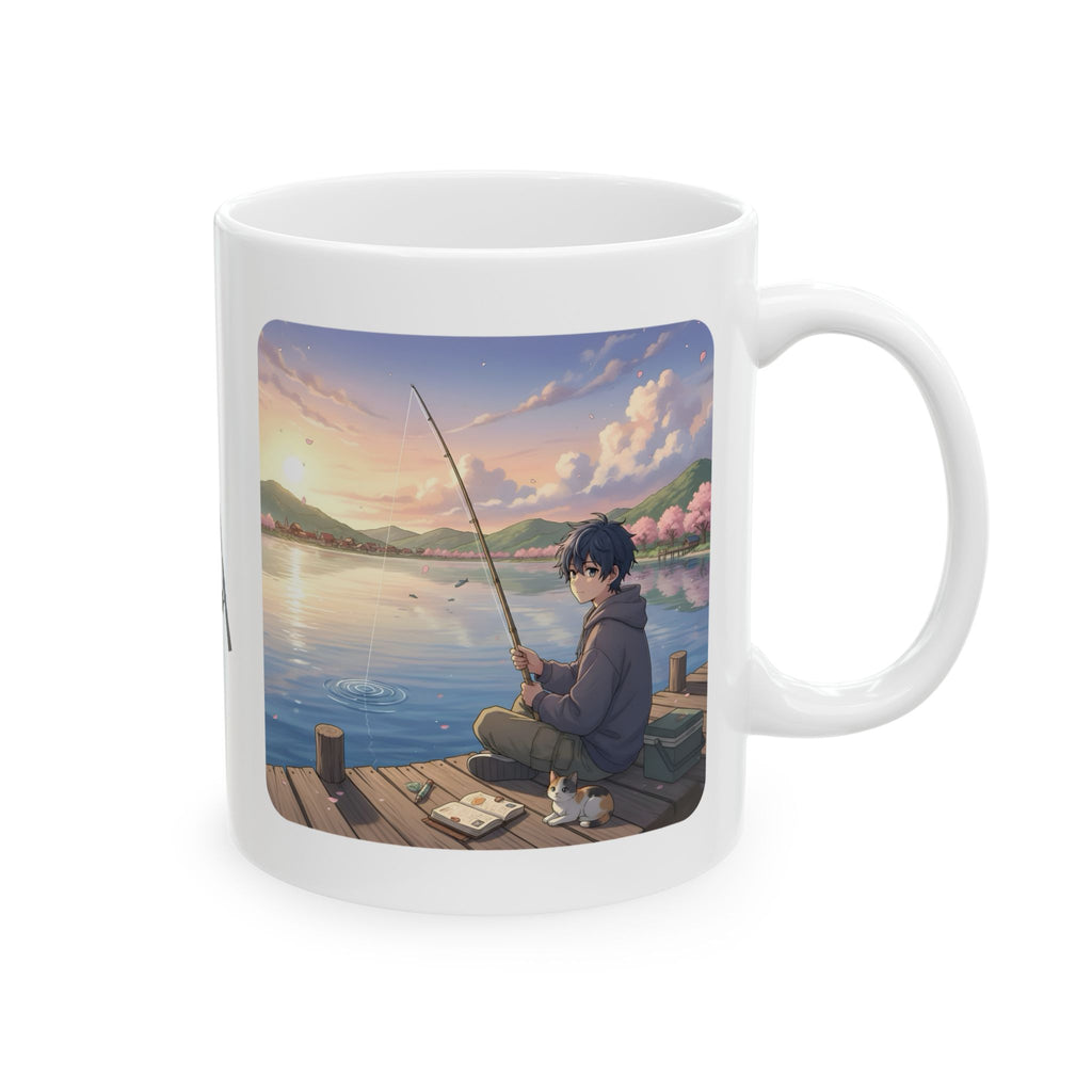 Dock Fishing At Sunset With My Calico Cat White Ceramic Mug — Serene Lake Pier Tea Cup (11oz/15oz)