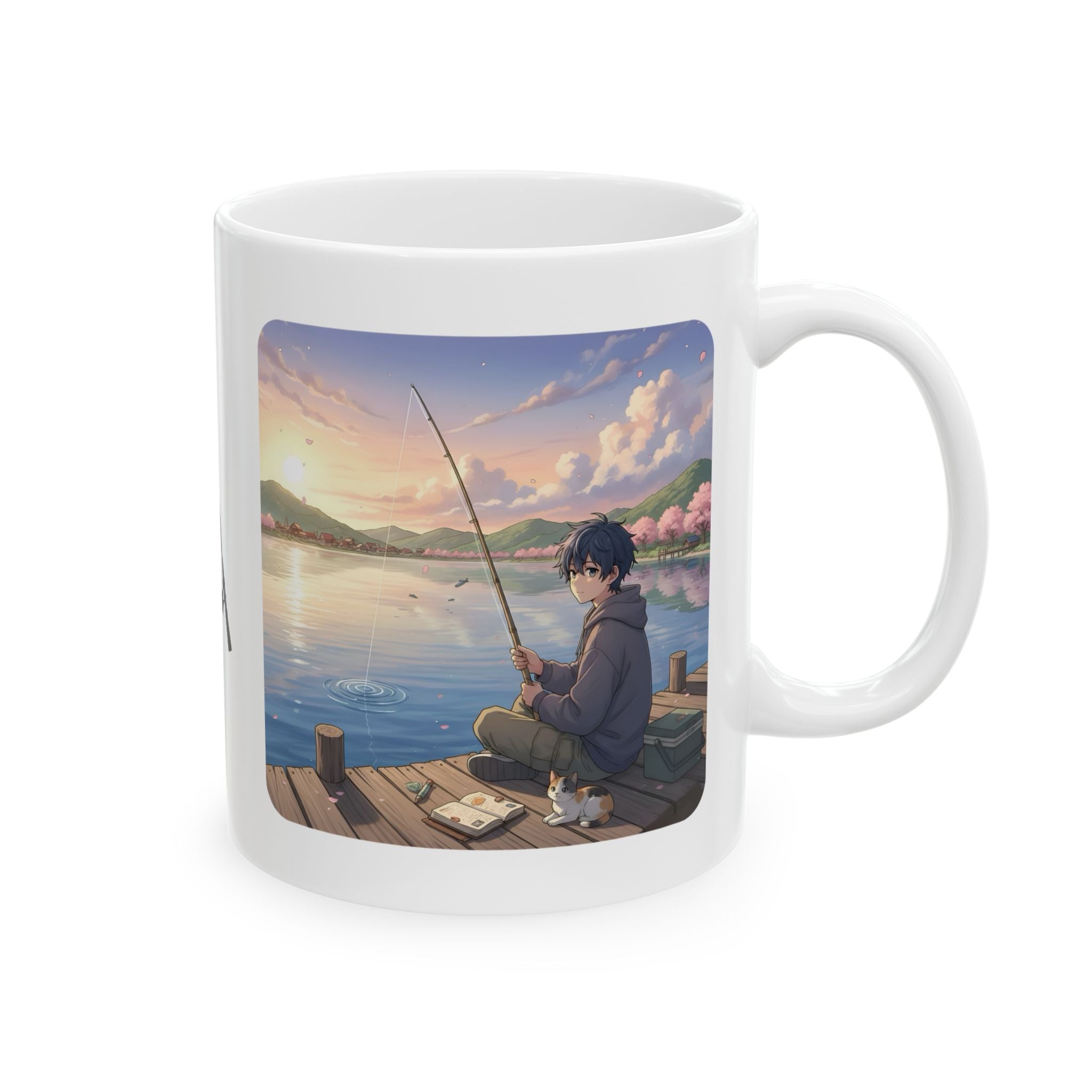 Dock Fishing At Sunset With My Calico Cat White Ceramic Mug — Serene Lake Pier Tea Cup (11oz/15oz)