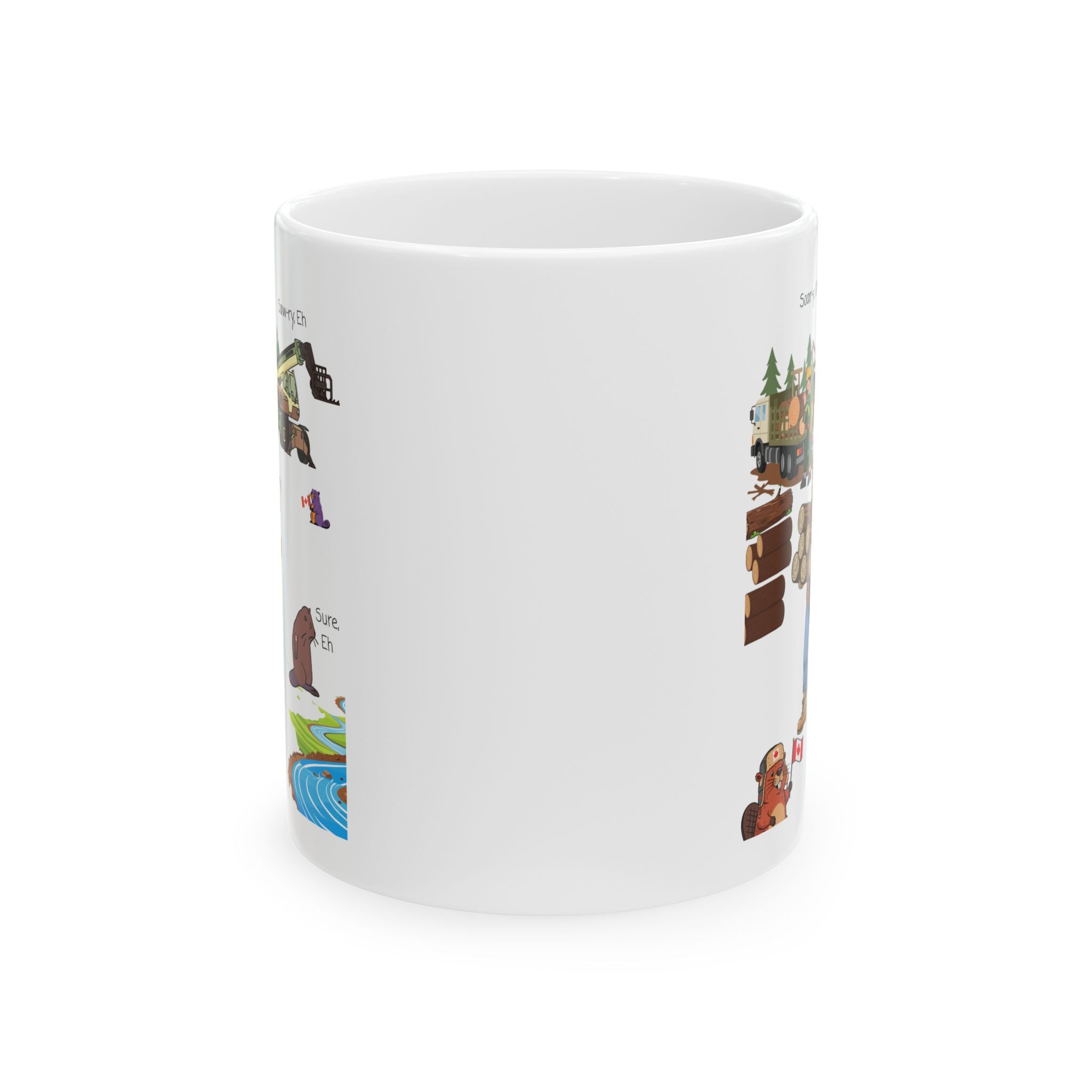 Cute Woodland Beavers With Canadian Lumberjacks On A White Ceramic Mug (11oz, 15oz), We Love Canada Loggers Cup