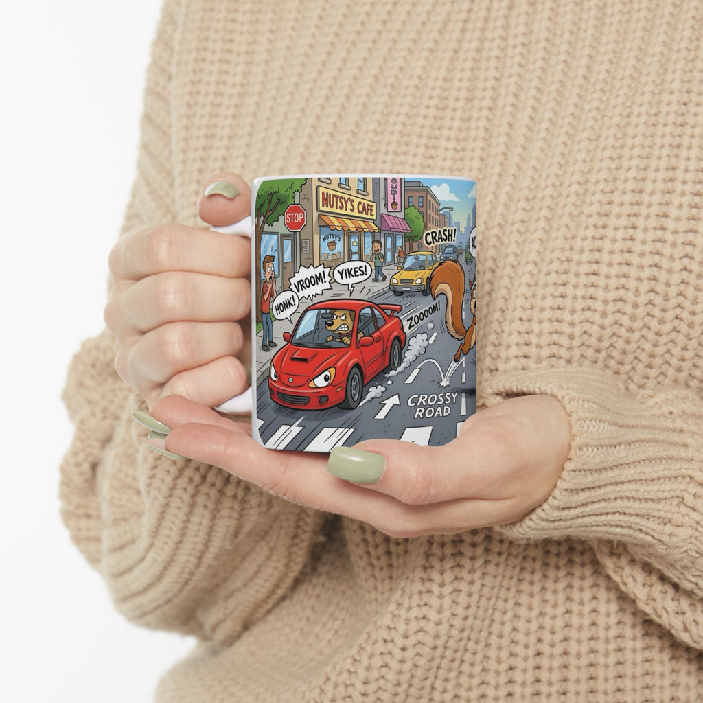 Nutsy's Crossy Road White Ceramic Mug – Adventurous Squirrel Crossing Cup (11oz/15oz)