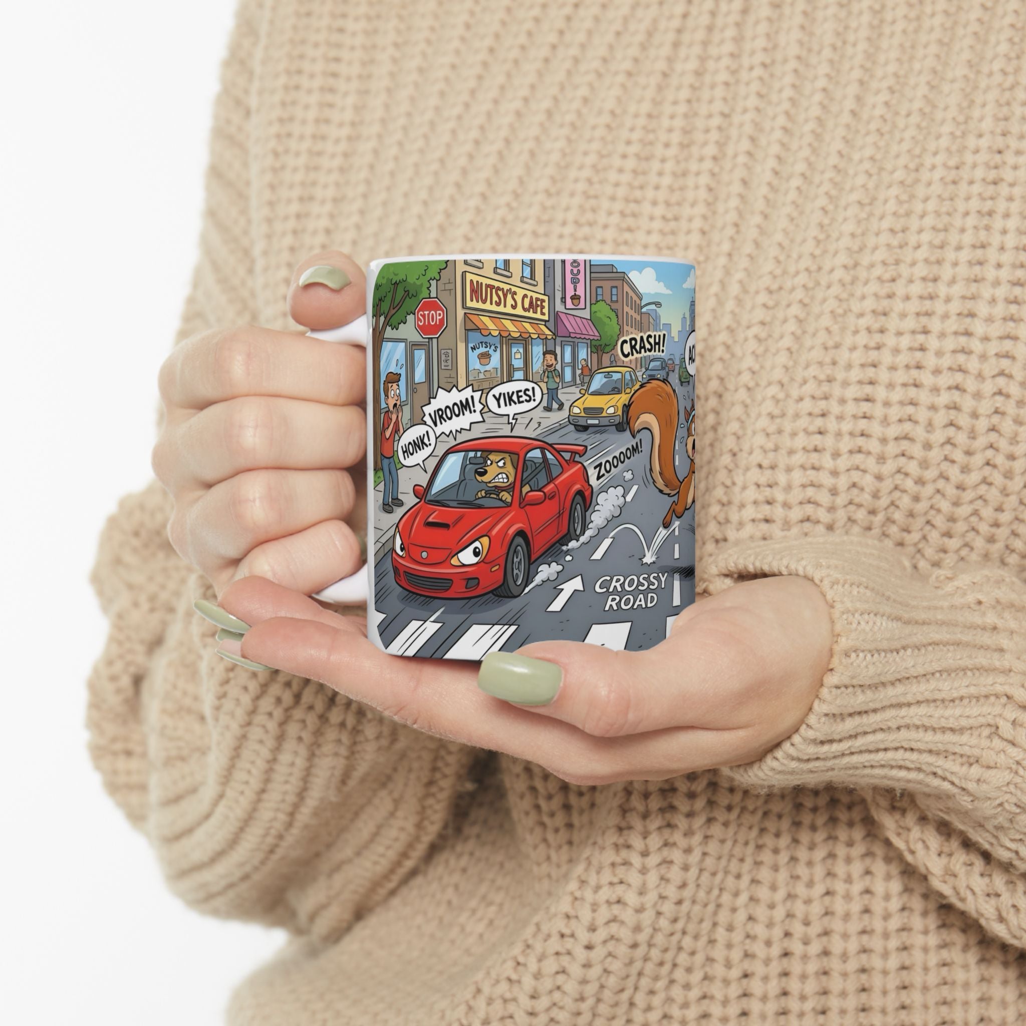 Nutsy's Crossy Road White Ceramic Mug – Adventurous Squirrel Crossing Cup (11oz/15oz)