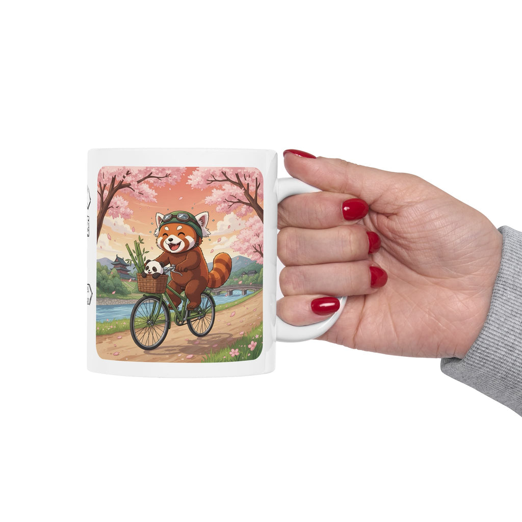 Cozy Red Panda & Baby Panda in Sakura Japan White Ceramic Mug — Happy Panda Family Bicycle Cup, 11oz & 15oz