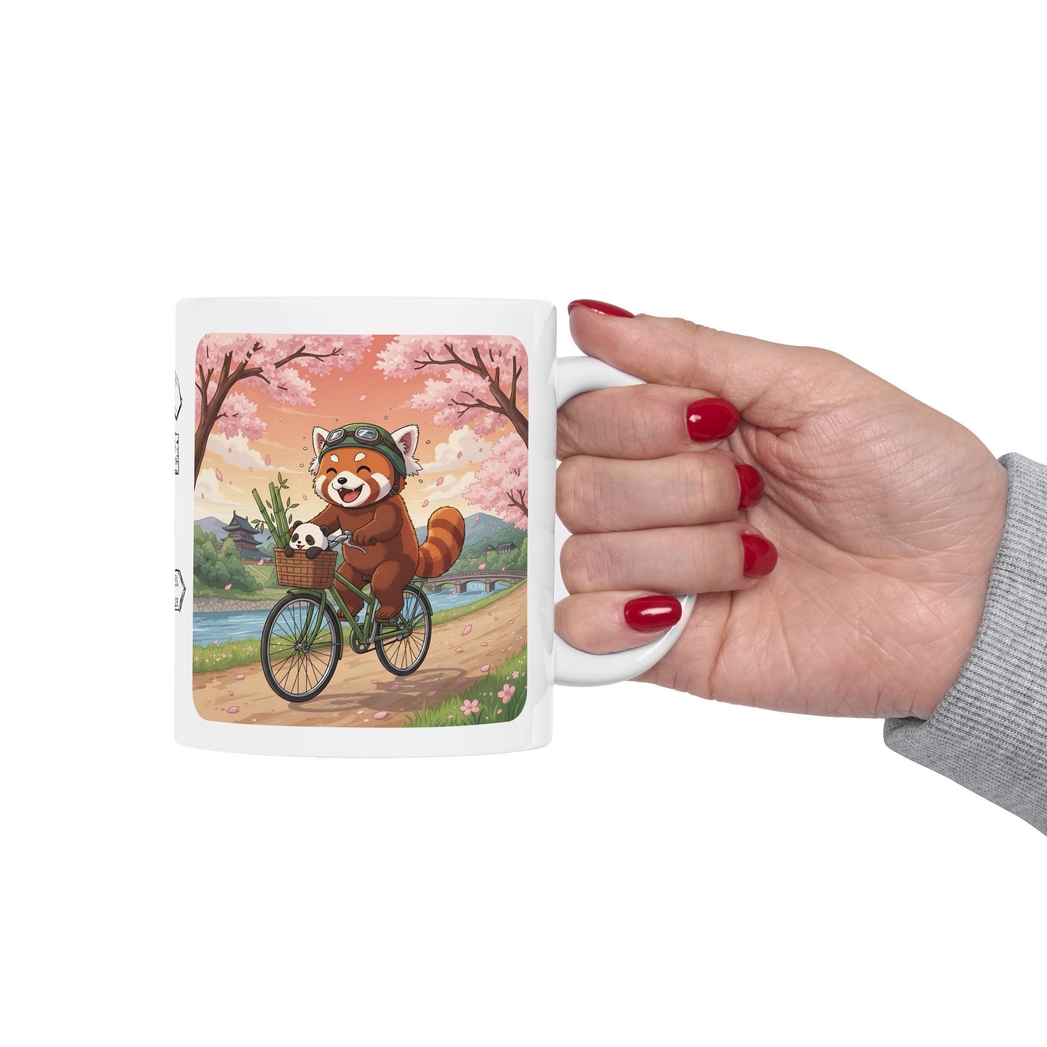 Cozy Red Panda & Baby Panda in Sakura Japan White Ceramic Mug — Happy Panda Family Bicycle Cup, 11oz & 15oz