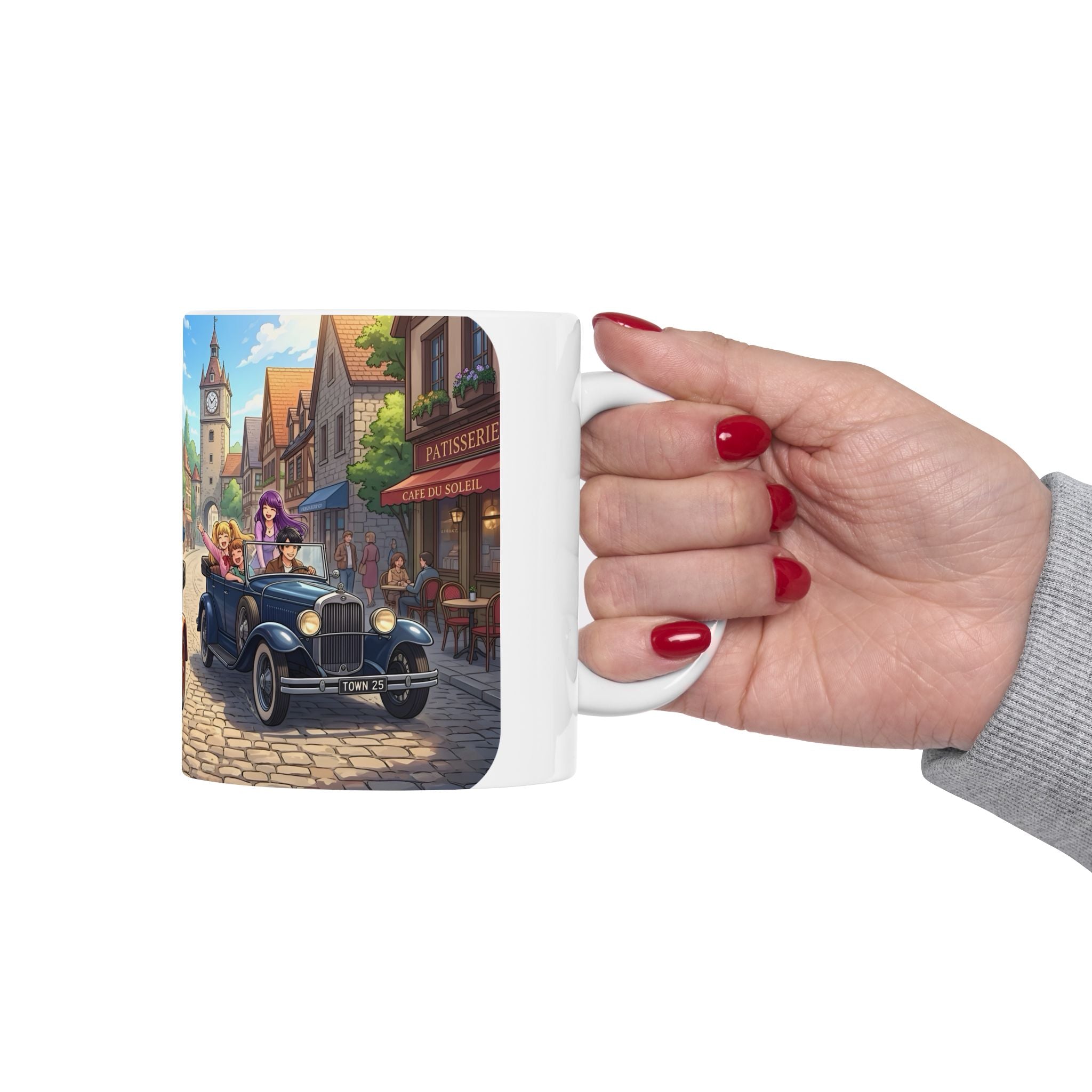Vintage Village Roadtrip #2 White Ceramic Mug — Classic Cars & Happy Town Friends Cup (11oz, 15oz)