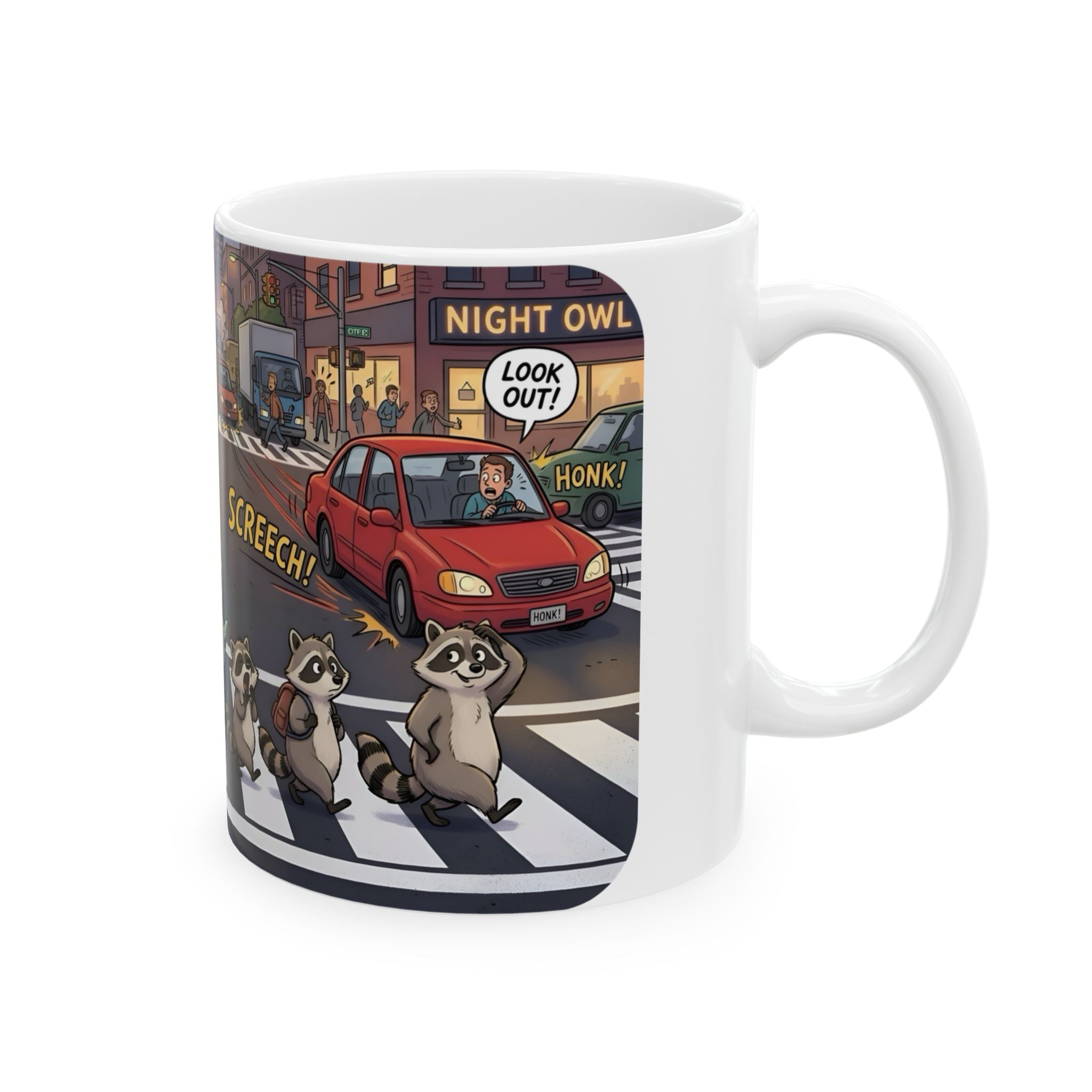 Raccoon Crosswalk White Ceramic Mug (11oz/15oz) – Cute Urban Wildlife Tea Cup