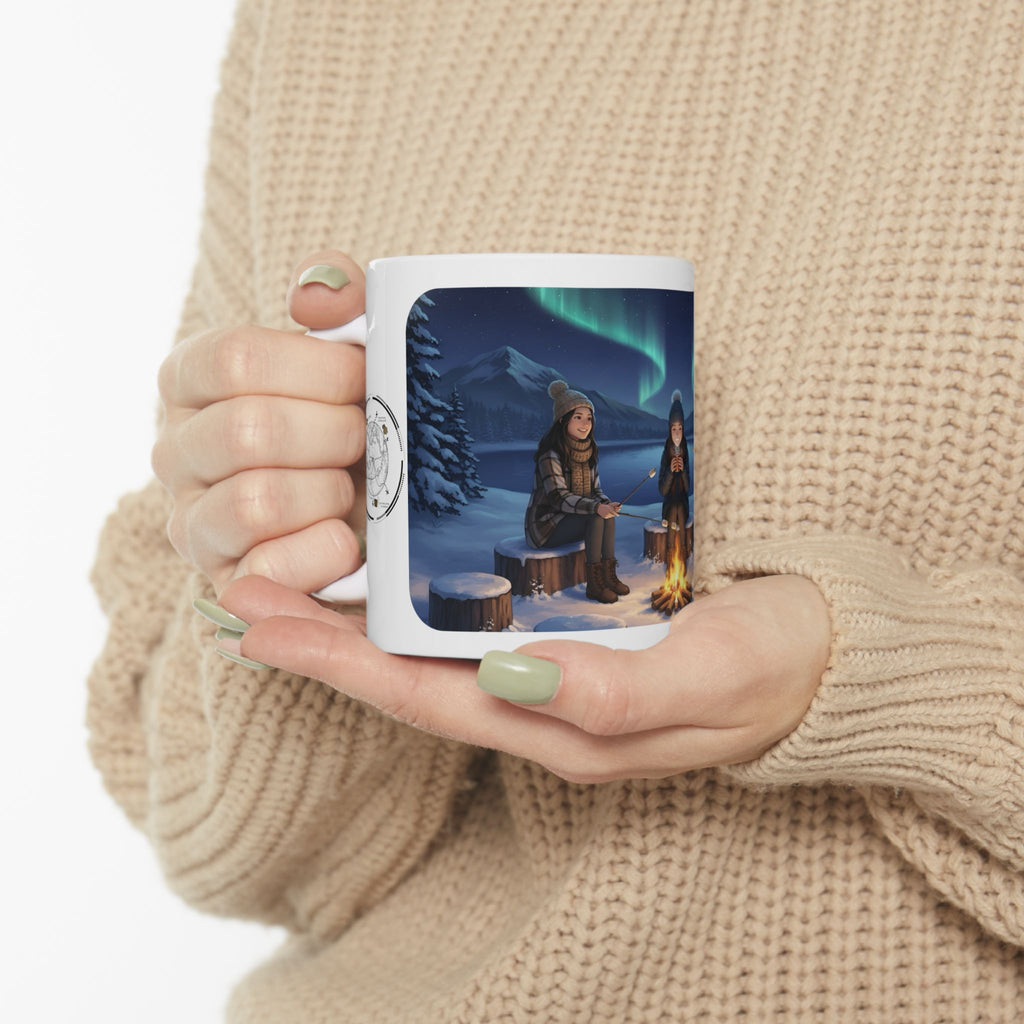 Cozy Aurora Borealis Friends Under The Northern Lights White Ceramic Mug — Starry Wintry Night Sky & World Map To Explore Cup (11oz, 15oz)