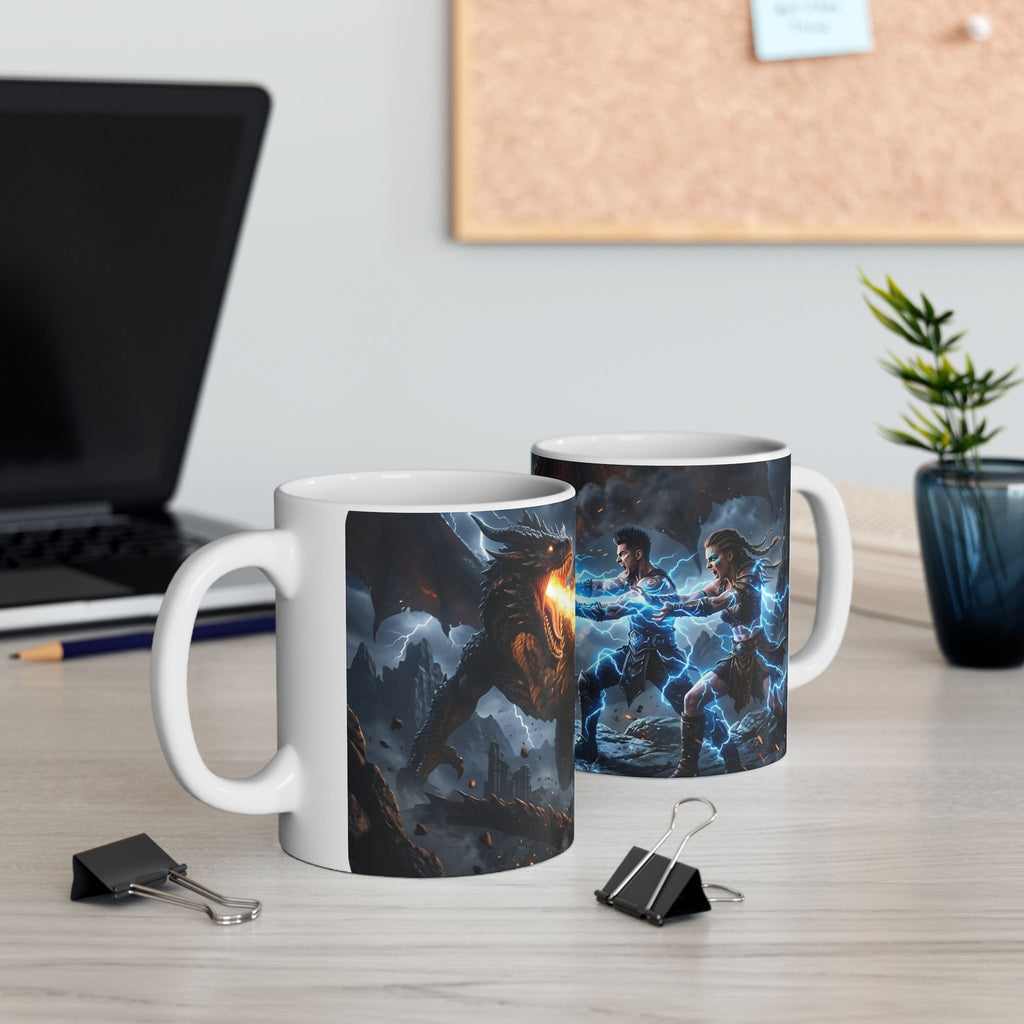 Dragon Battle #1 White Ceramic Mug — Epic Fantasy Gaming Adventure Scene (11oz, 15oz)