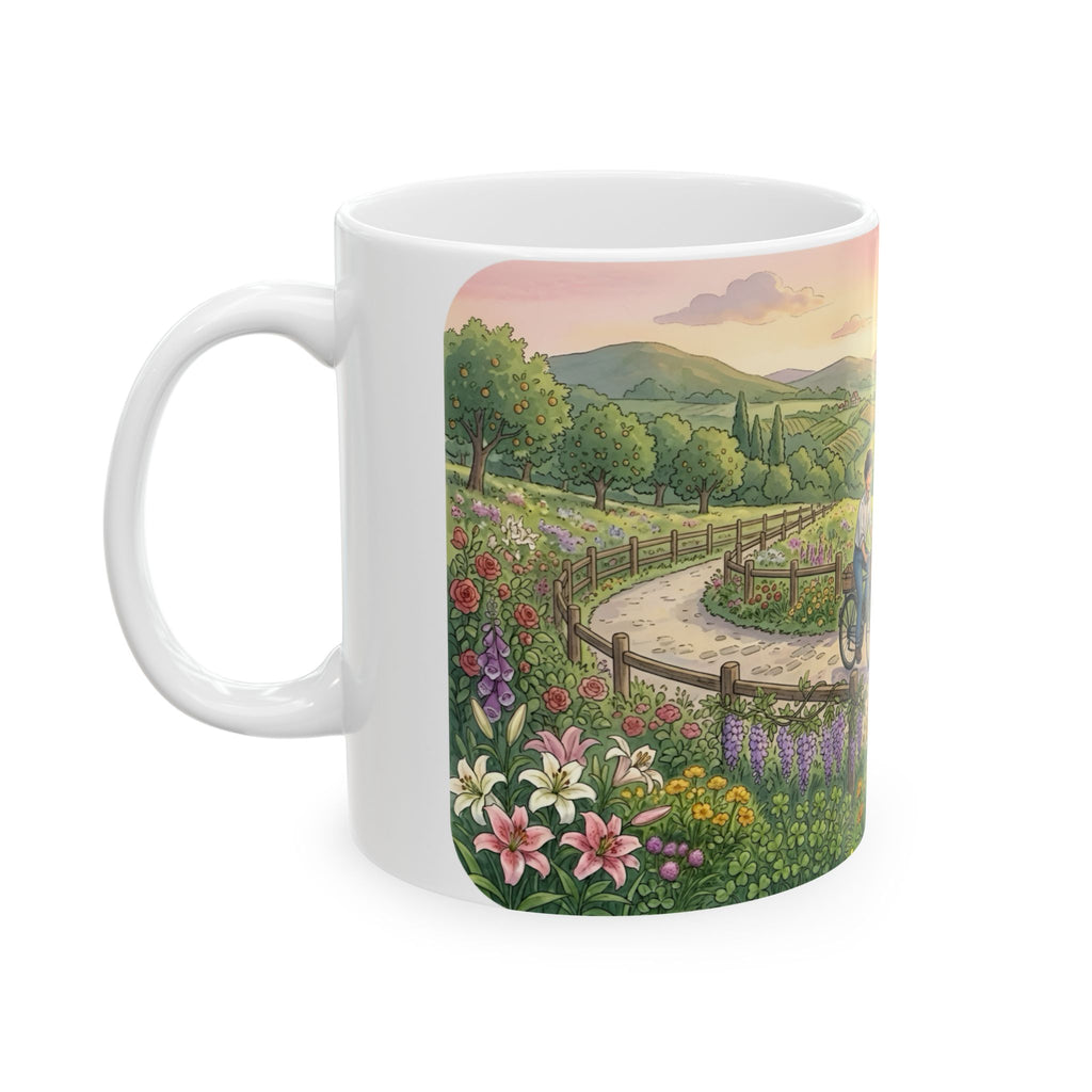 Scenic Family Bike Ride White Ceramic Mug – Countryside Morning Together Cup (11oz & 15oz)