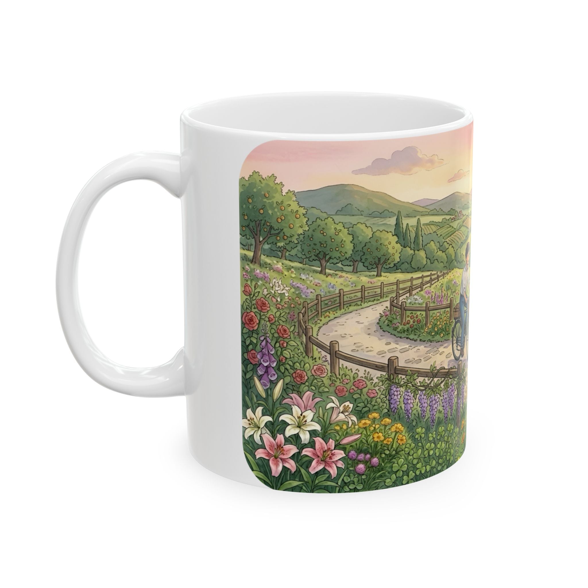 Scenic Family Bike Ride White Ceramic Mug – Countryside Morning Together Cup (11oz & 15oz)