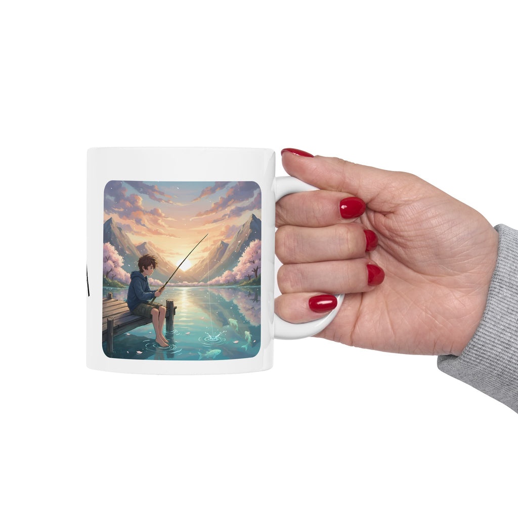 Boy Fishing at Sunset on Lakefront Pier White Ceramic Mug, Mountain View Cherry Blossom Serenity Cup (11oz, 15oz)