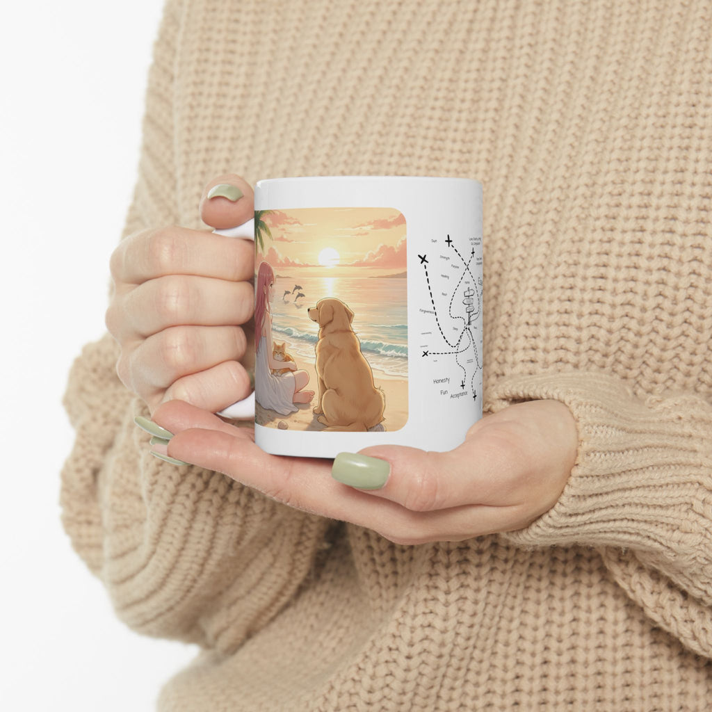 Faithful Friends, Golden Retriever, Orange & White Cats White Ceramic Mug — Calm Lighthouse Reflections Anime Girl Boho Beach Vibes Cup (11oz, 15oz)