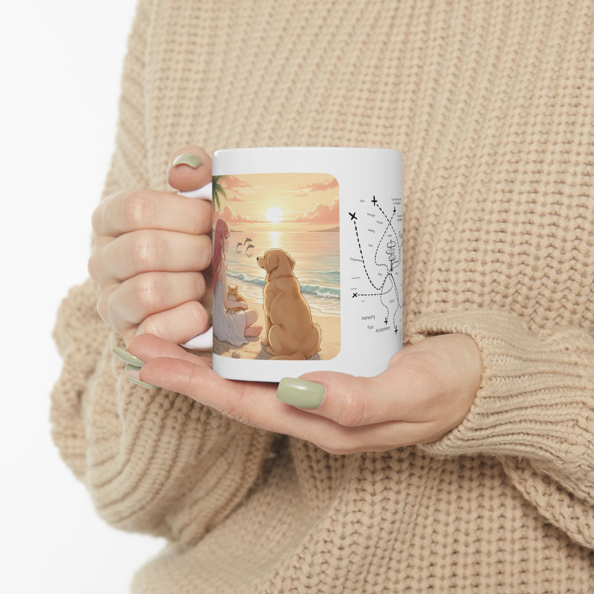 Faithful Friends, Golden Retriever, Orange & White Cats White Ceramic Mug — Calm Lighthouse Reflections Anime Girl Boho Beach Vibes Cup (11oz, 15oz)