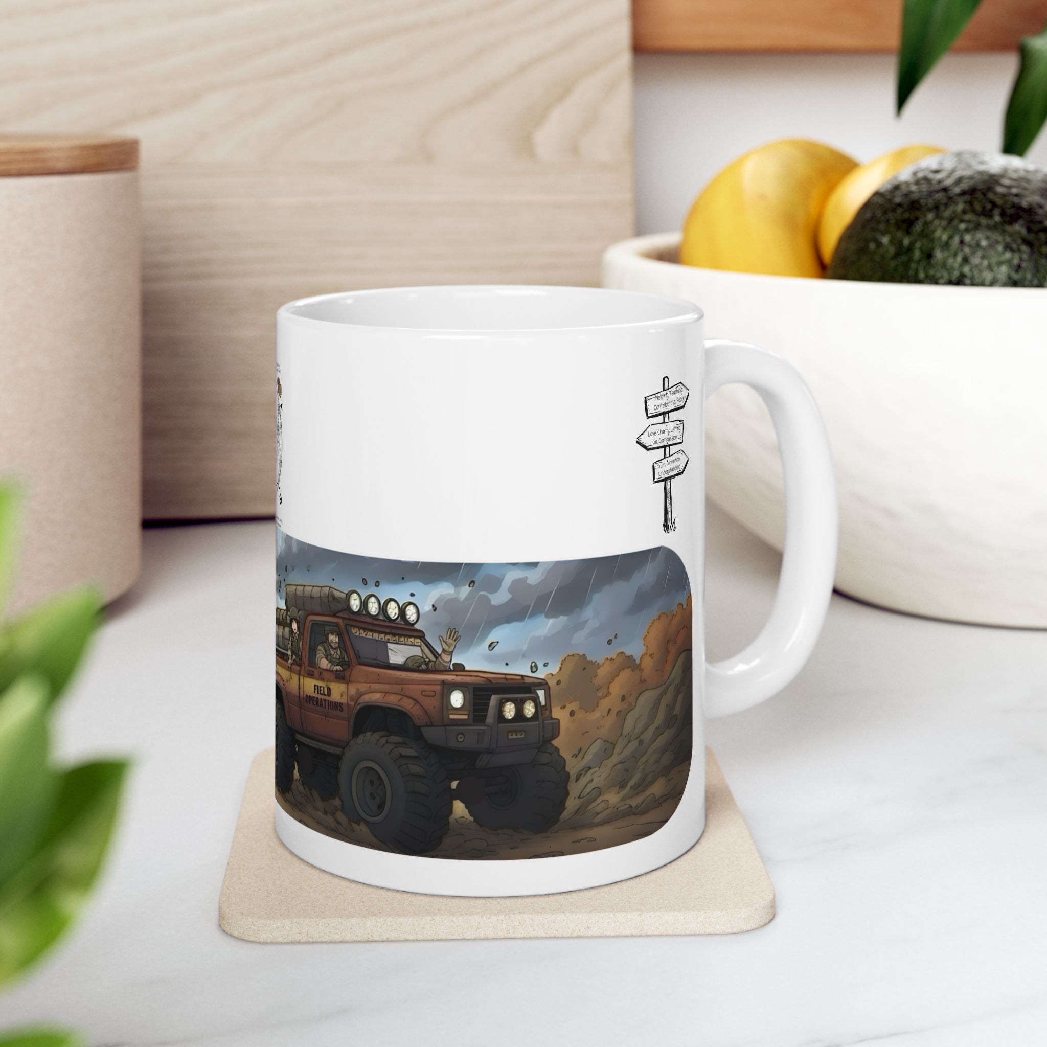 Adventure Trucks #3, Army Field Operation White Ceramic Mug — Find Your Path To The Essentials Cup (11oz & 15oz)