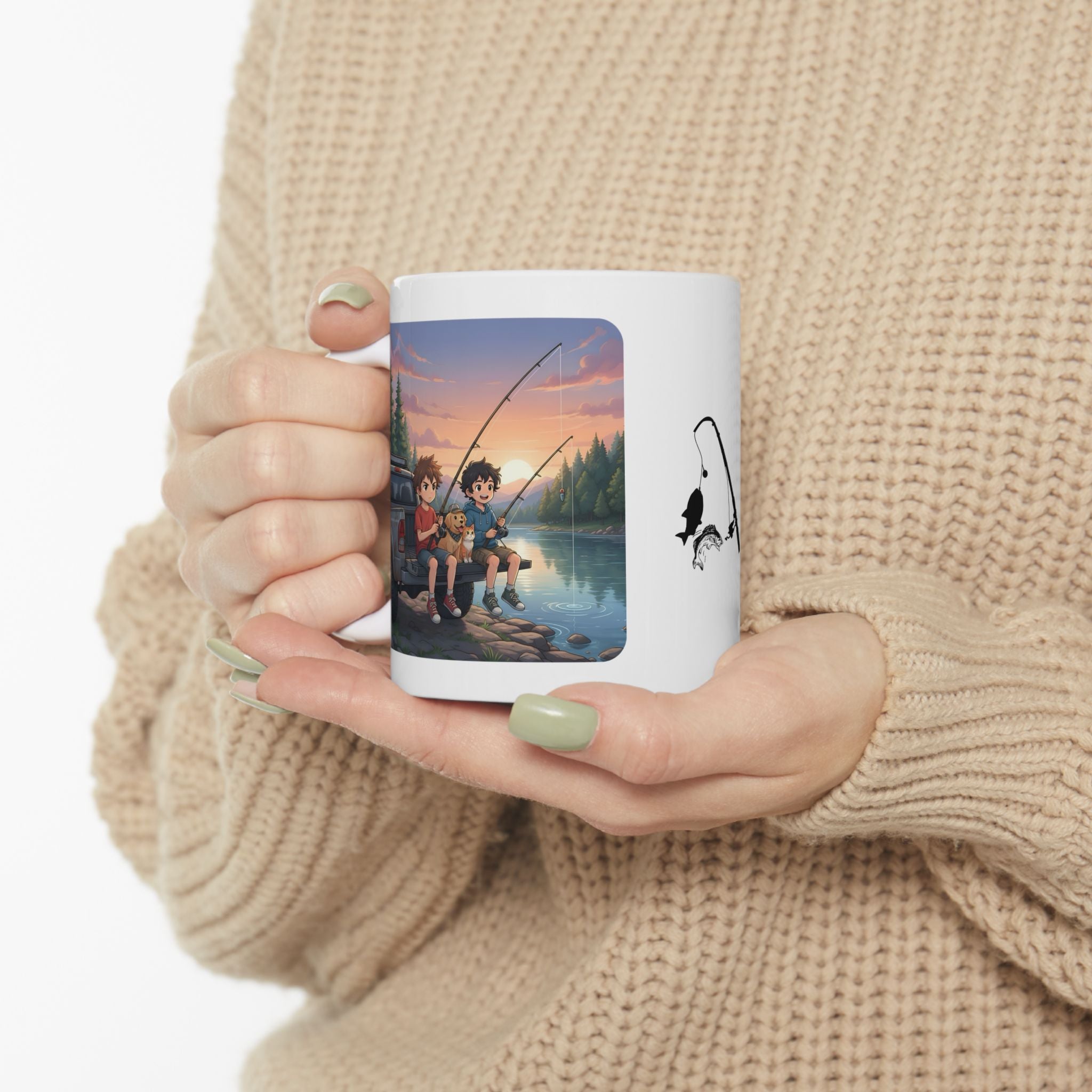 Little Explorers And Their Pets Fishing Camper White Ceramic Mug — Brothers and Best Friends Sunset Lake, Rod & Catch Cup (11oz/15oz)