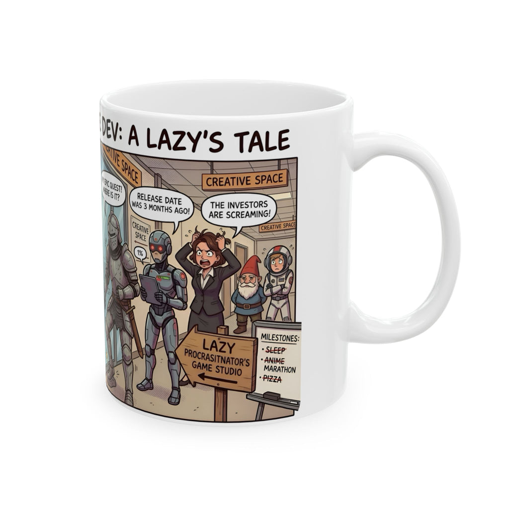 Humorous Game Developer White Ceramic Mug — 'The Life of the Indie Game Dev' Tea Cup (11oz/15oz)