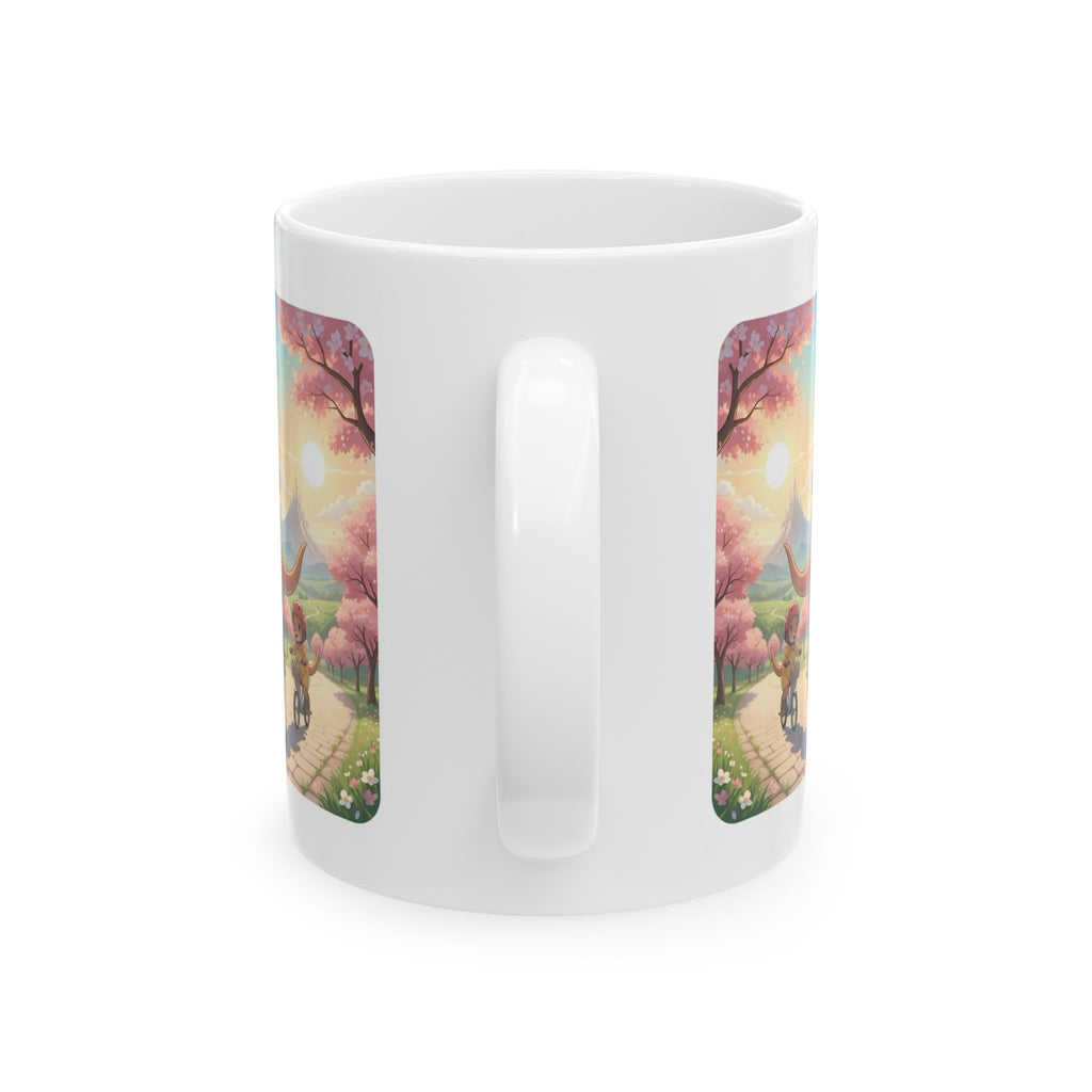Too Cute to Handle!  Kangaroo Mom & Joey Biking Under Cherry Blossoms White Ceramic Mug — Mommy & Me Anime Bike Adventure Cup for Happy Sips, 11oz & 15oz