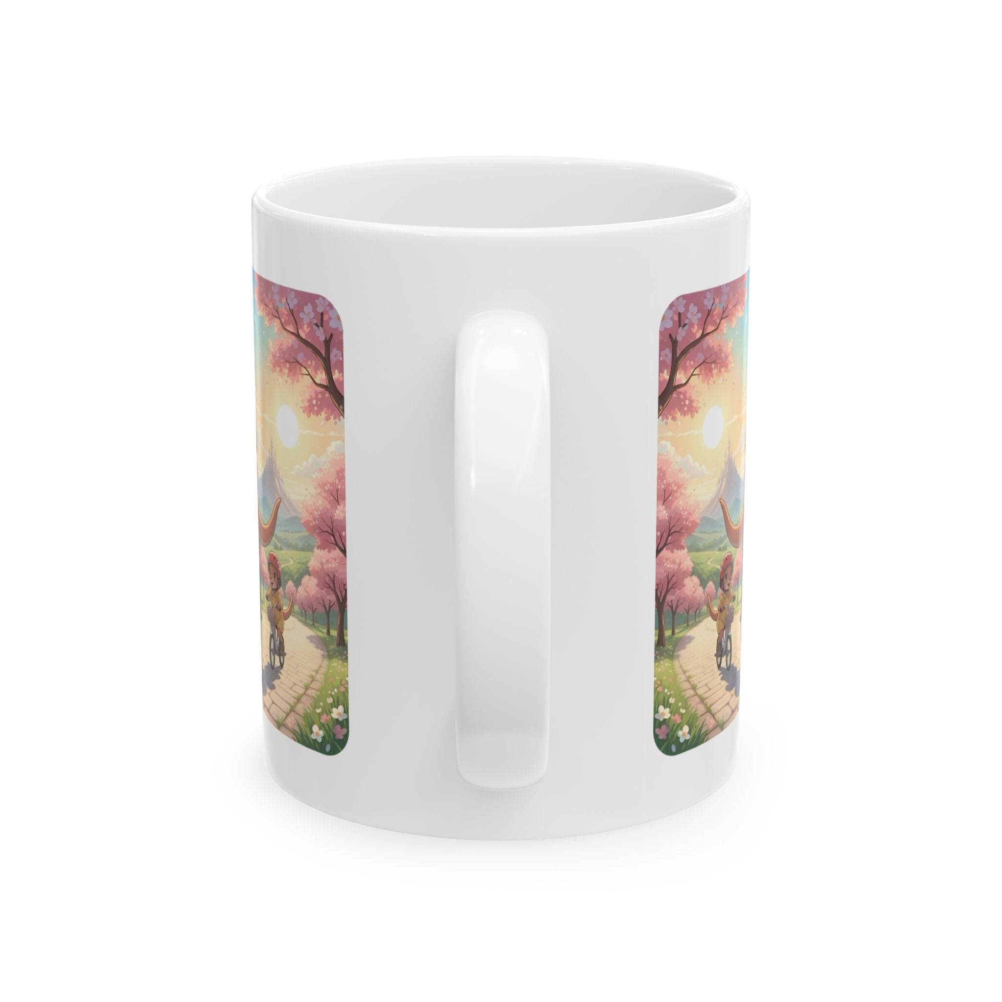 Too Cute to Handle!  Kangaroo Mom & Joey Biking Under Cherry Blossoms White Ceramic Mug — Mommy & Me Anime Bike Adventure Cup for Happy Sips, 11oz & 15oz
