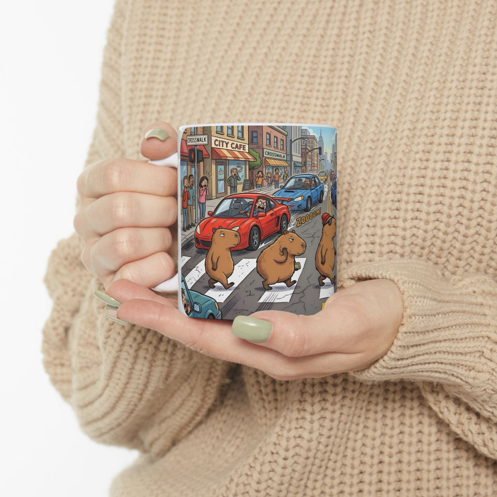 Capybara Abbey Road White Ceramic Mug – Funny Rodent Band Tea Cup (11oz & 15oz)