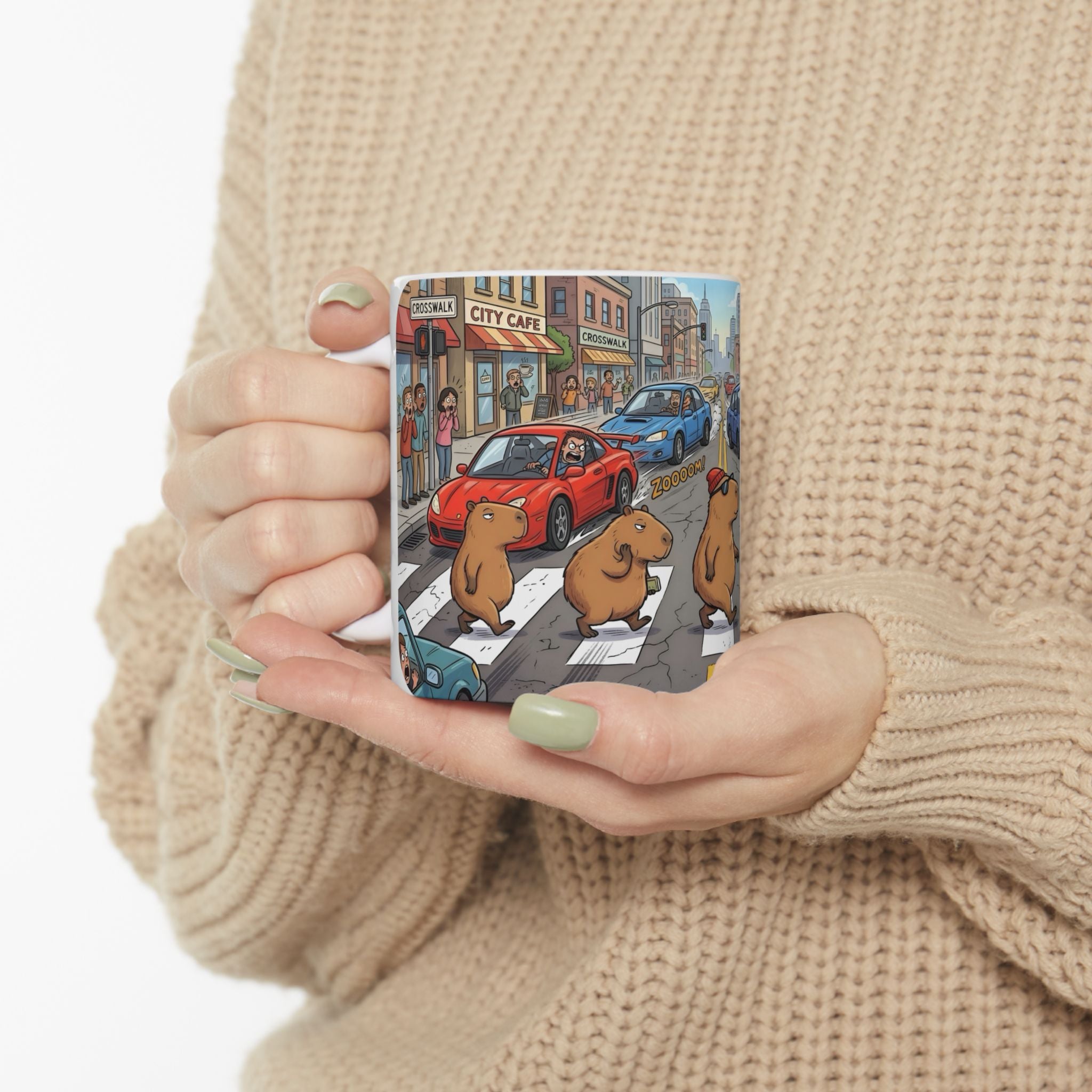 Capybara Abbey Road White Ceramic Mug – Funny Rodent Band Tea Cup (11oz & 15oz)