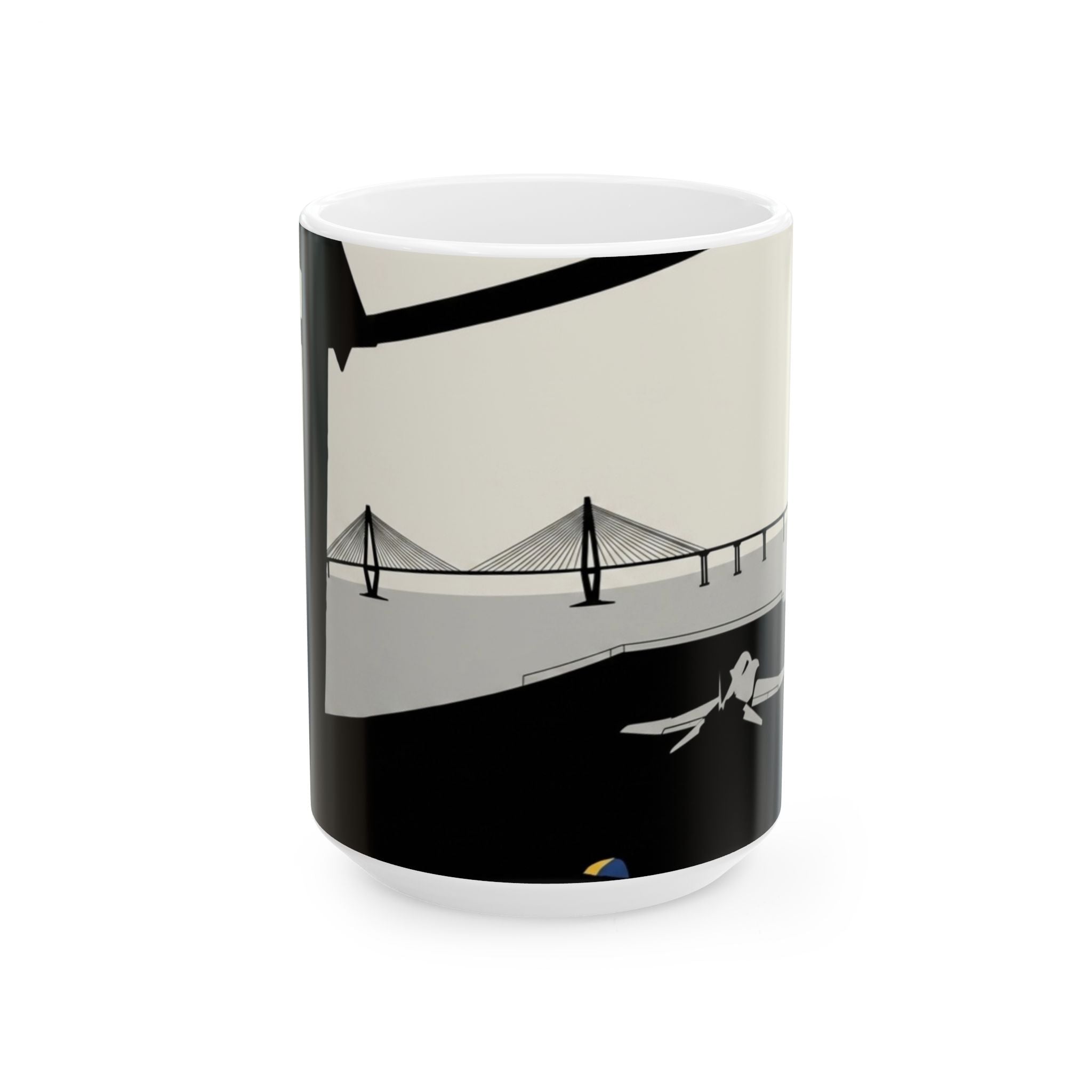 City Bridge Silhouette Scenic White Ceramic Mug – Waterfront Battleship View Cup (11 oz, 15 oz)