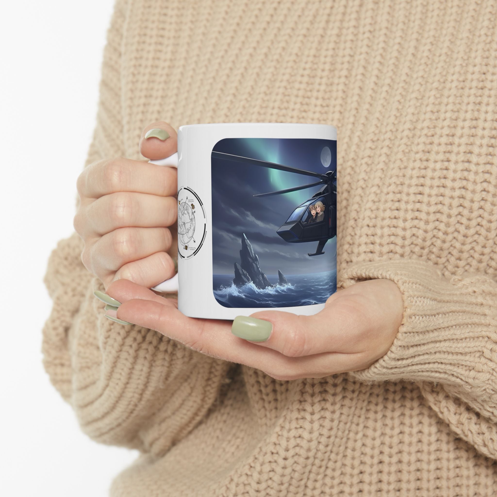 Touring Heli Under Aurora Borealis Northern Lights White Ceramic Mug – Friends, Family & Imaginative Adventures, Celebrating Companionship, Creativity & Life’s Little Wonders Cup (11oz/15oz)