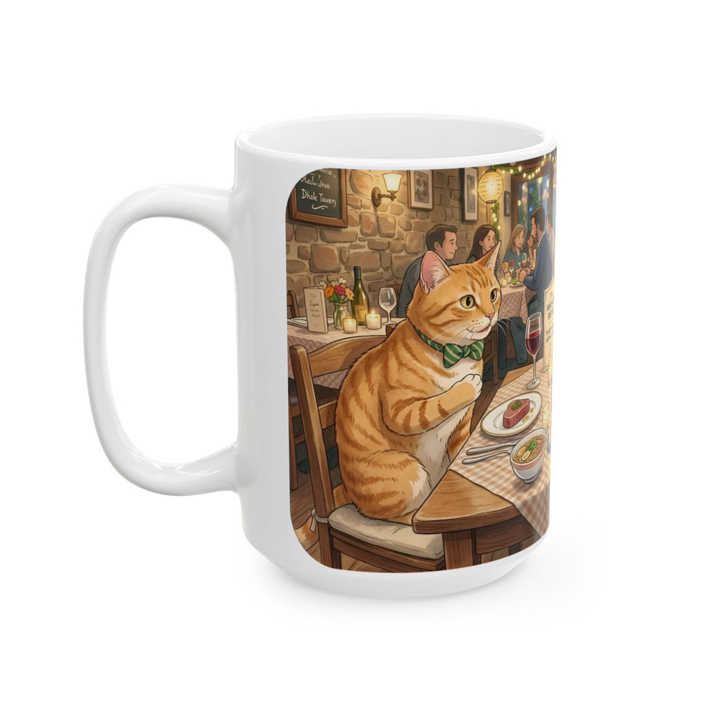 Cat Ghibli Whisker Bistro White Ceramic Mug — Cozy Feline Tapas Cafe Cup (11oz/15oz)