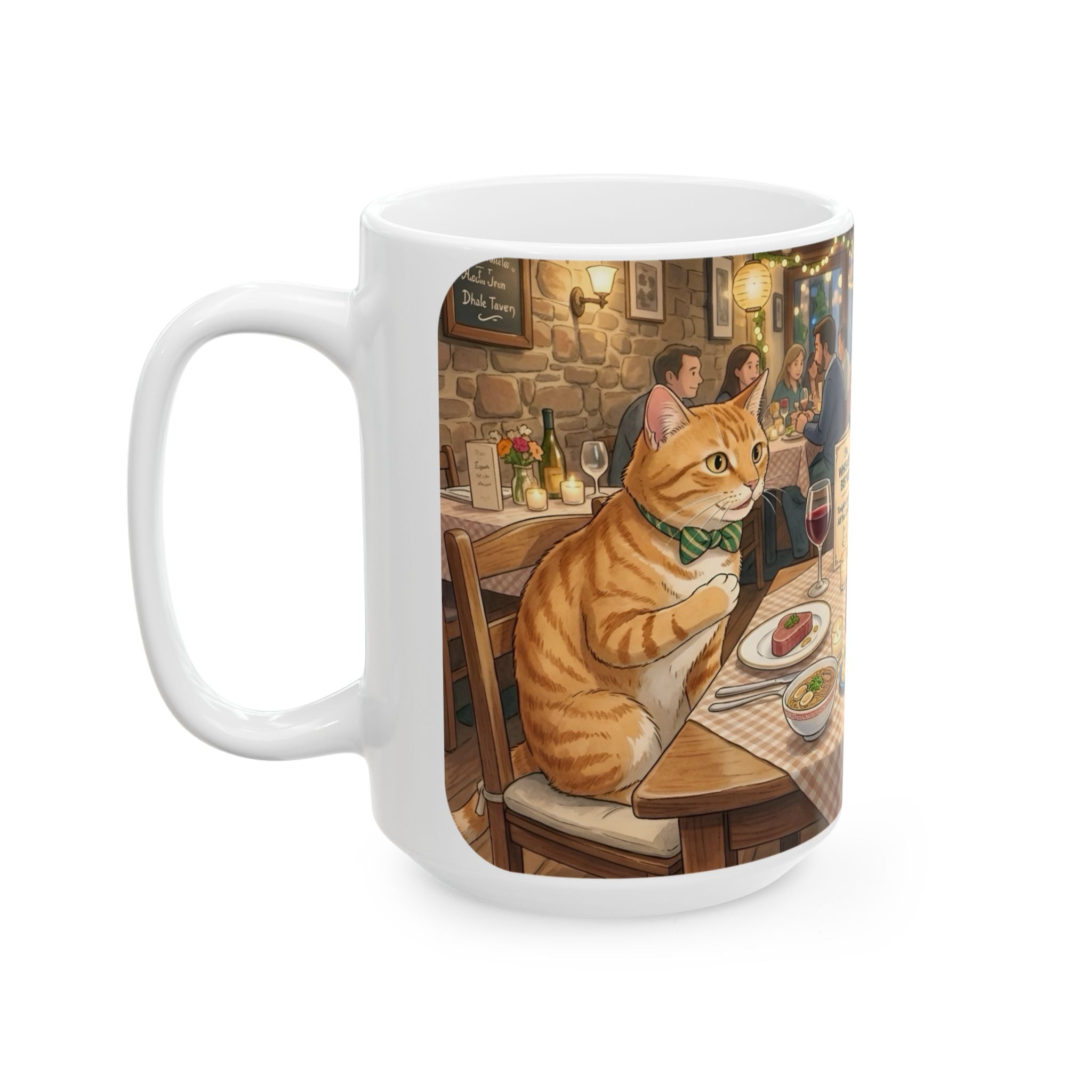 Cat Ghibli Whisker Bistro White Ceramic Mug — Cozy Feline Tapas Cafe Cup (11oz/15oz)
