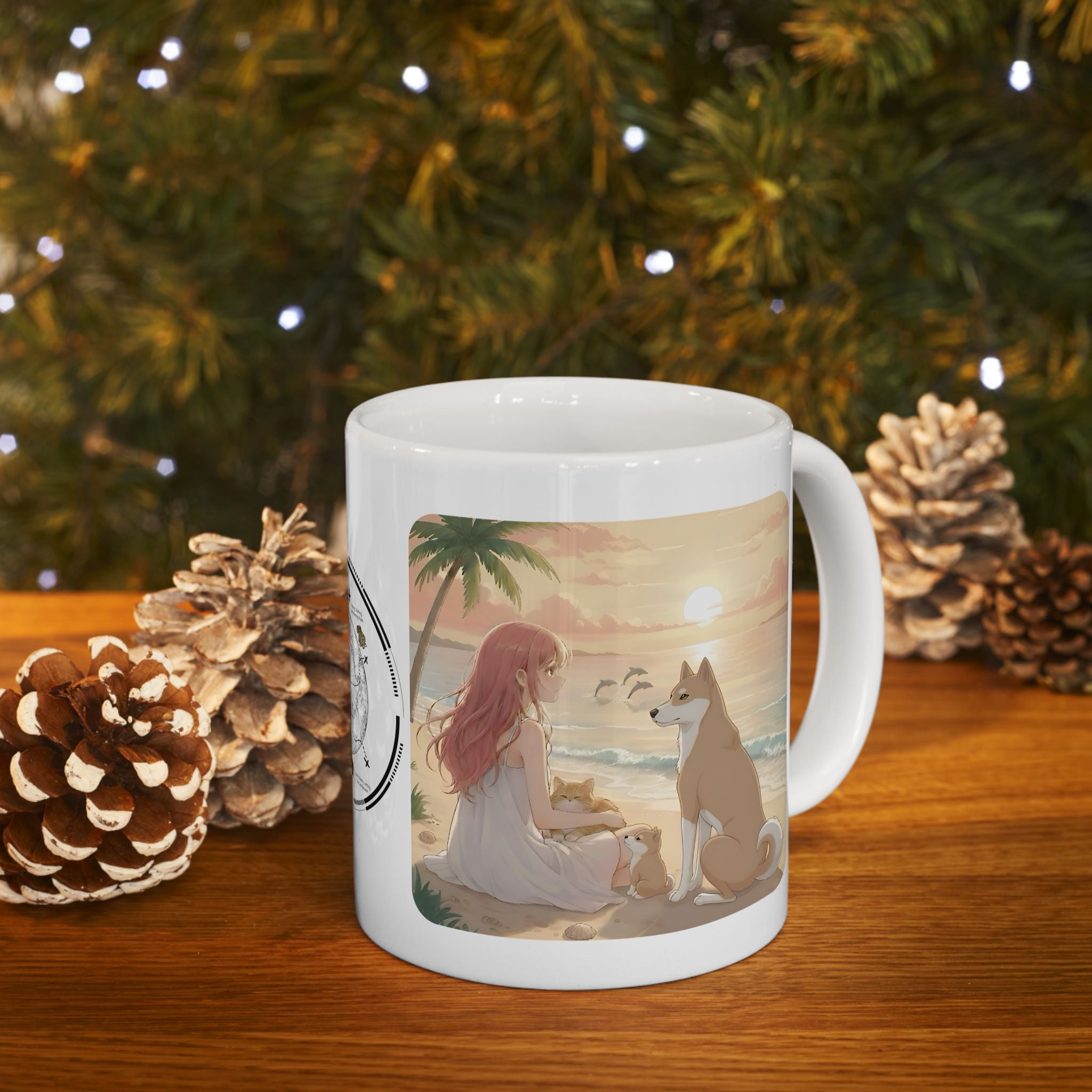 Shiba Inu Dog Orange Cat Sunset & Sunflower White Ceramic Mug — Peaceful Waves Anime Girl Boho Beach Vibes Cup (11oz, 15oz)