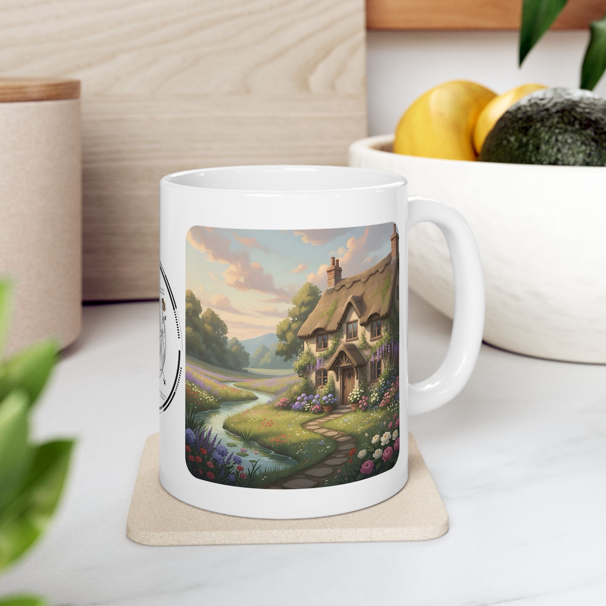Dreamy Storybook Floral Cottage White Ceramic Mug — Vintage World Map, RV Camping Oasis, & Van Life Panorama Cup (11oz/15oz)