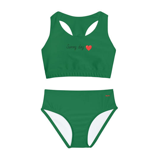 Girl's "Sunny Day" Dark Green Two Piece Swimsuit (AOP)