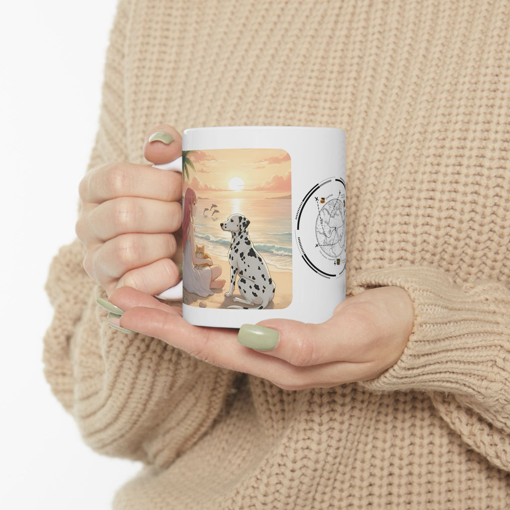 Dalmatian Dog Orange Cat Sunset & Sunflower White Ceramic Mug — Peaceful Waves Anime Girl Boho Beach Vibes Cup (11oz, 15oz)