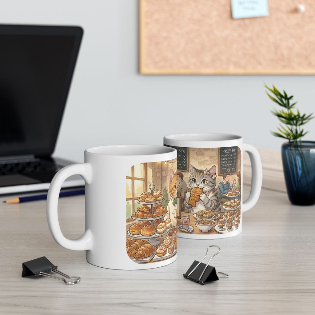Cat-Astrophe Café White Ceramic Mug — Cute Cat Bakery Date Cup (11oz & 15oz)