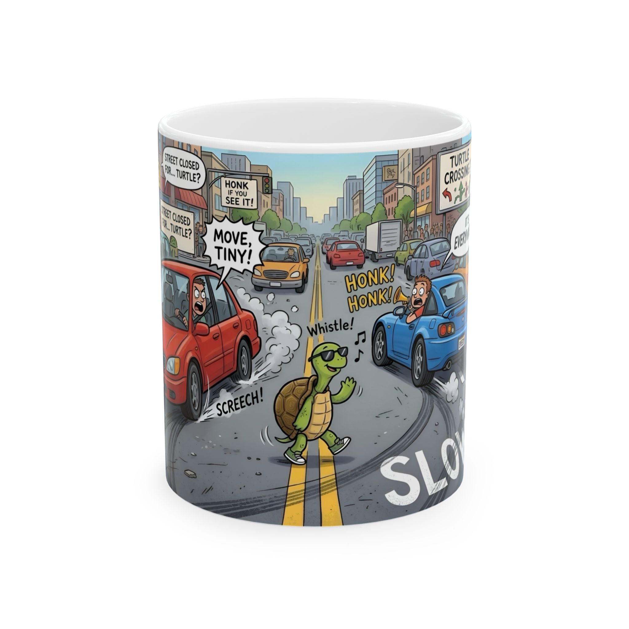 Cute Turtle Crossing White Ceramic Mug, Cruising Vibes Cup (11oz, 15oz)