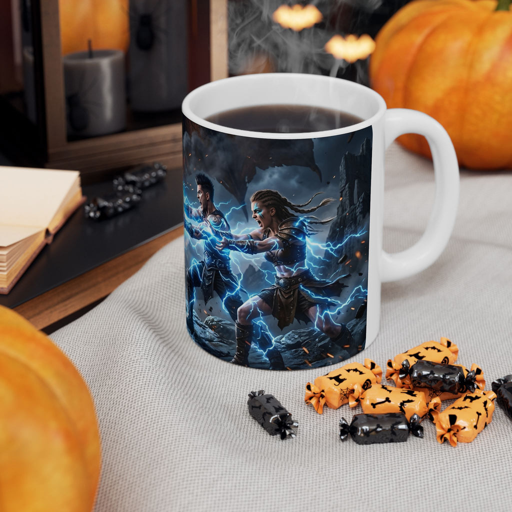 Dragon Battle #1 White Ceramic Mug — Epic Fantasy Gaming Adventure Scene (11oz, 15oz)