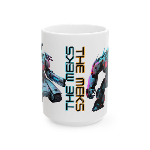 'The Meks' Sci‑Fi Mech Robot #7 White Ceramic Mug (11oz & 15oz), Retro Cyberpunk Tea Cup