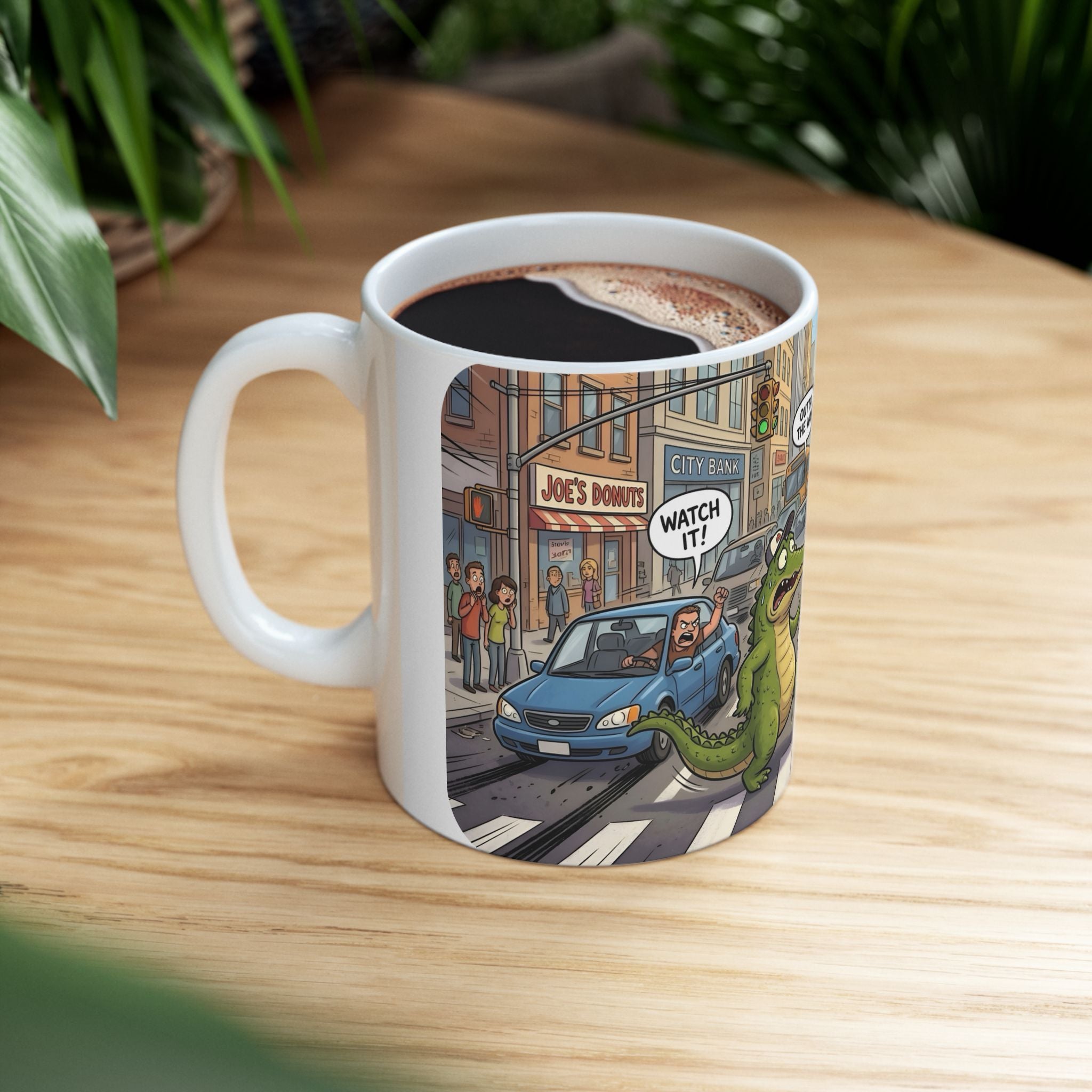 Gator, Crane, and Pidgeon Crossing White Ceramic Mug — Alligator & Bird Traffic Jam Cup (11 oz, 15 oz)