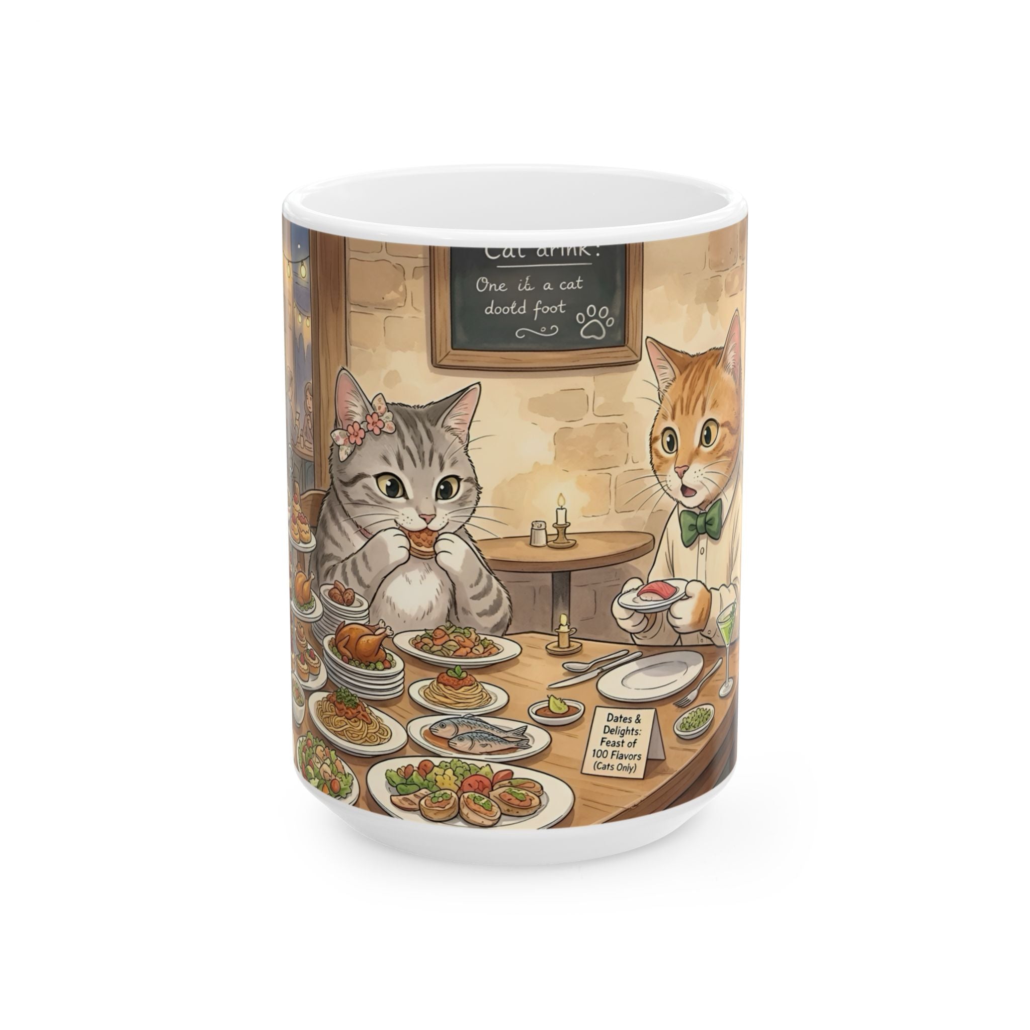 Cat Cafe Breakfast White Ceramic Mug — Cute Cats Dining Tea Cup (11oz/15oz)